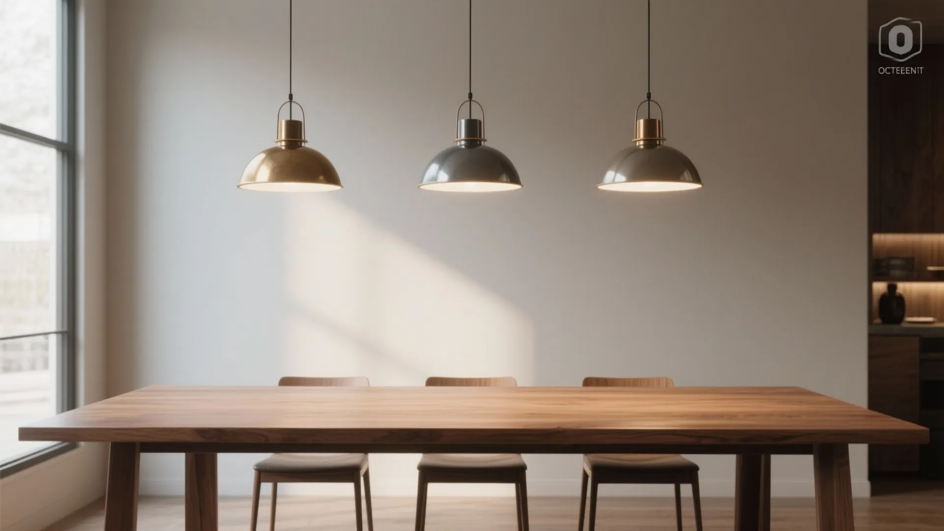 Three modern metal ceiling lights hanging over a simple wooden dining table with three chairs