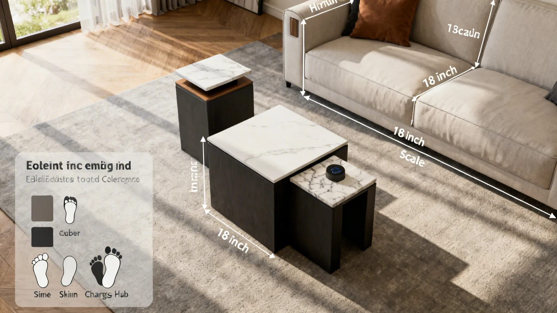 Top-down living room layout showing recommended placement and measurements for square end tables.