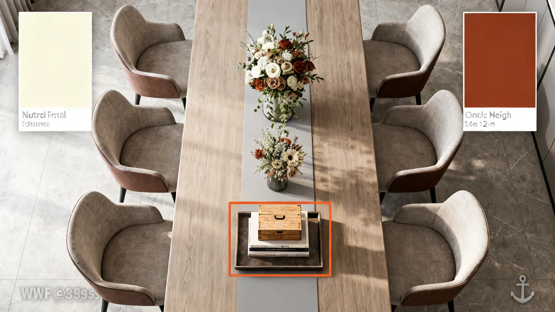 Top-down dining layout showing centerpiece size guide and simple planning notes