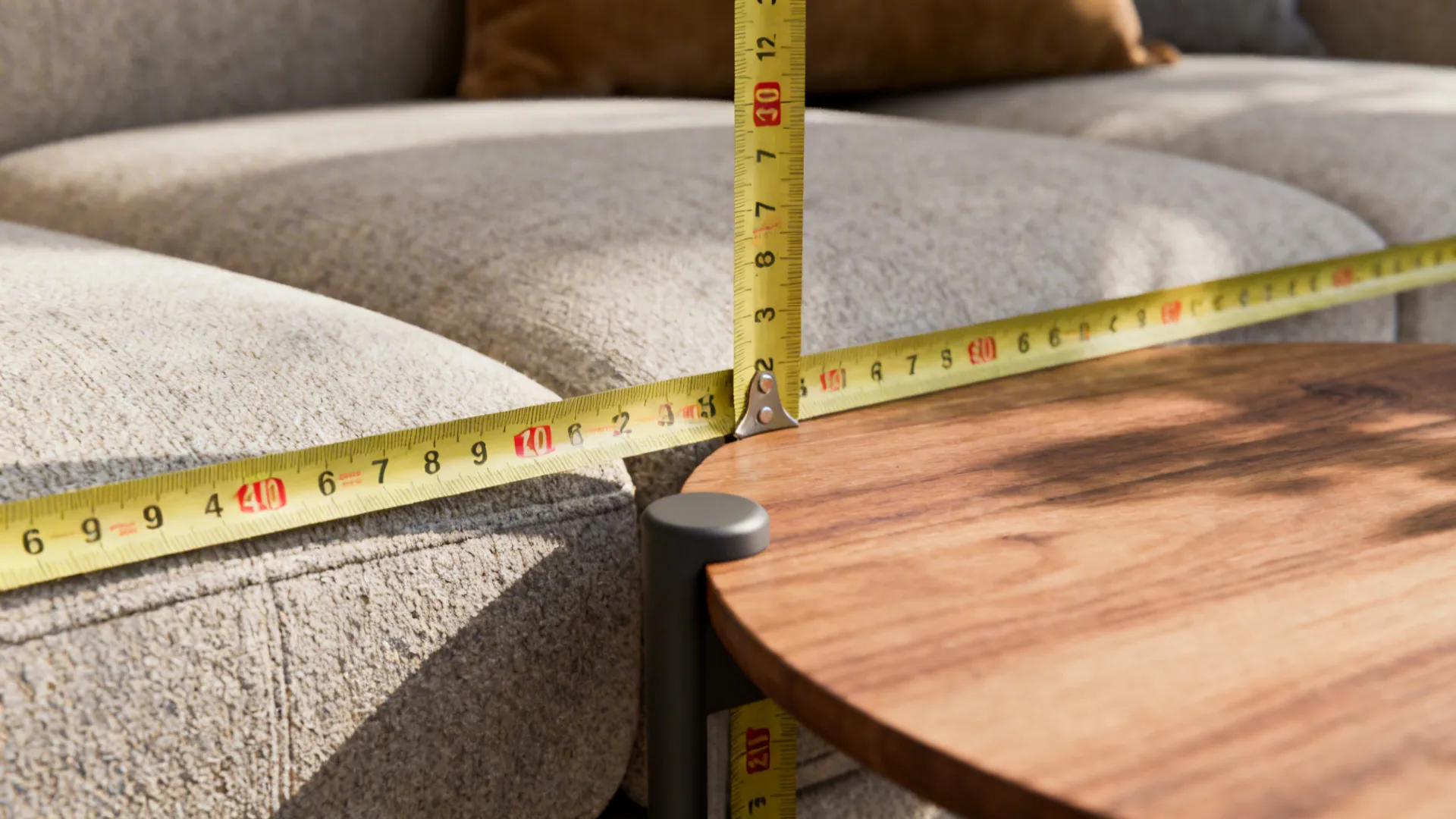 Yellow measuring tape showing distance between a beige sofa and a round wooden coffee table