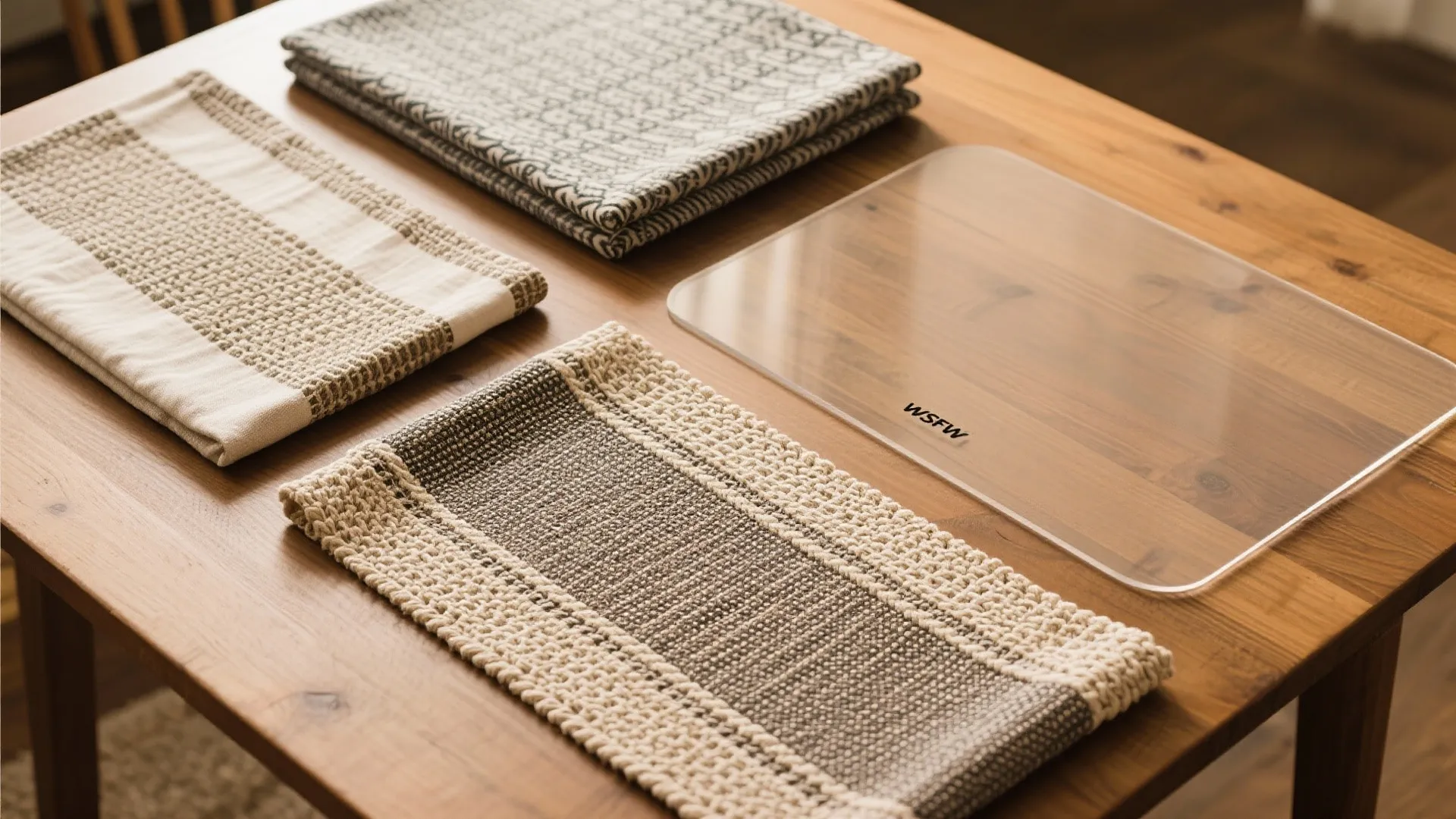 Assorted table covers and protective sheets laid on a surface