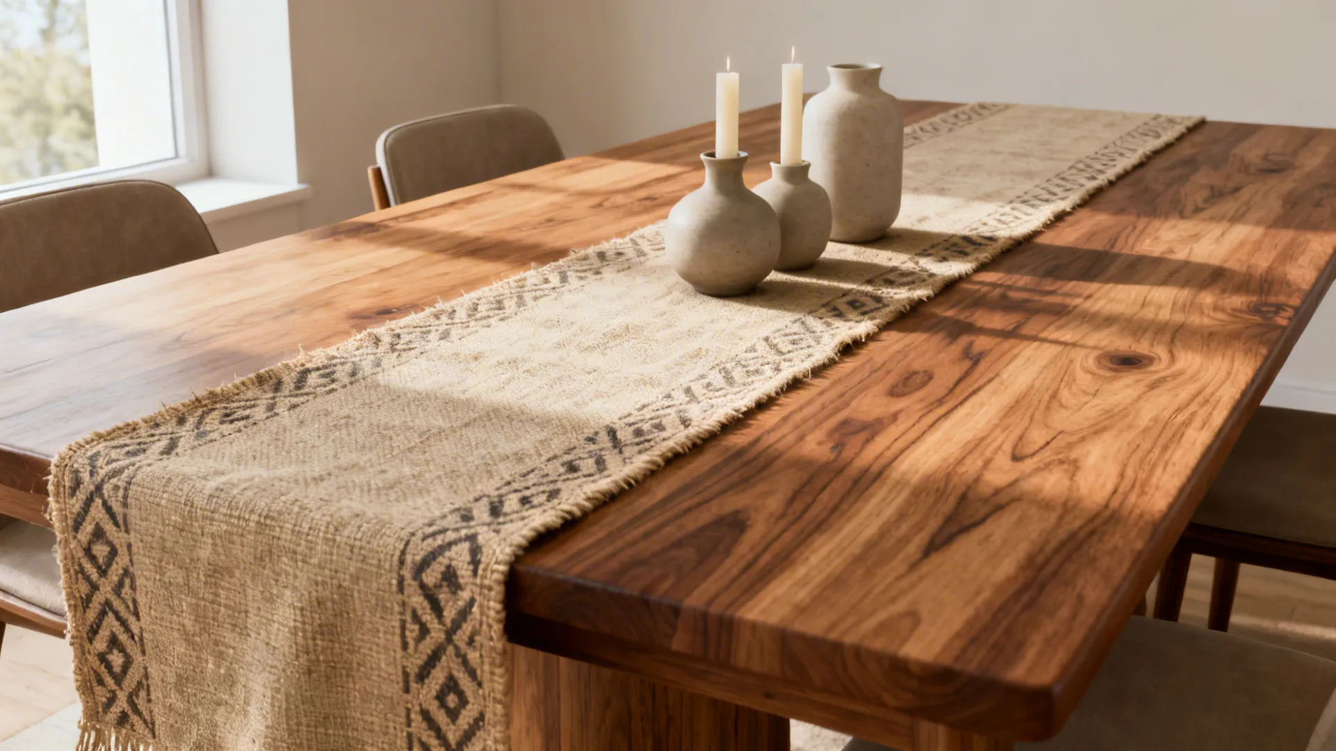 Wooden dining table with a textured linen runner, ceramic vases and candles, showing wood grain and cozy styling.
