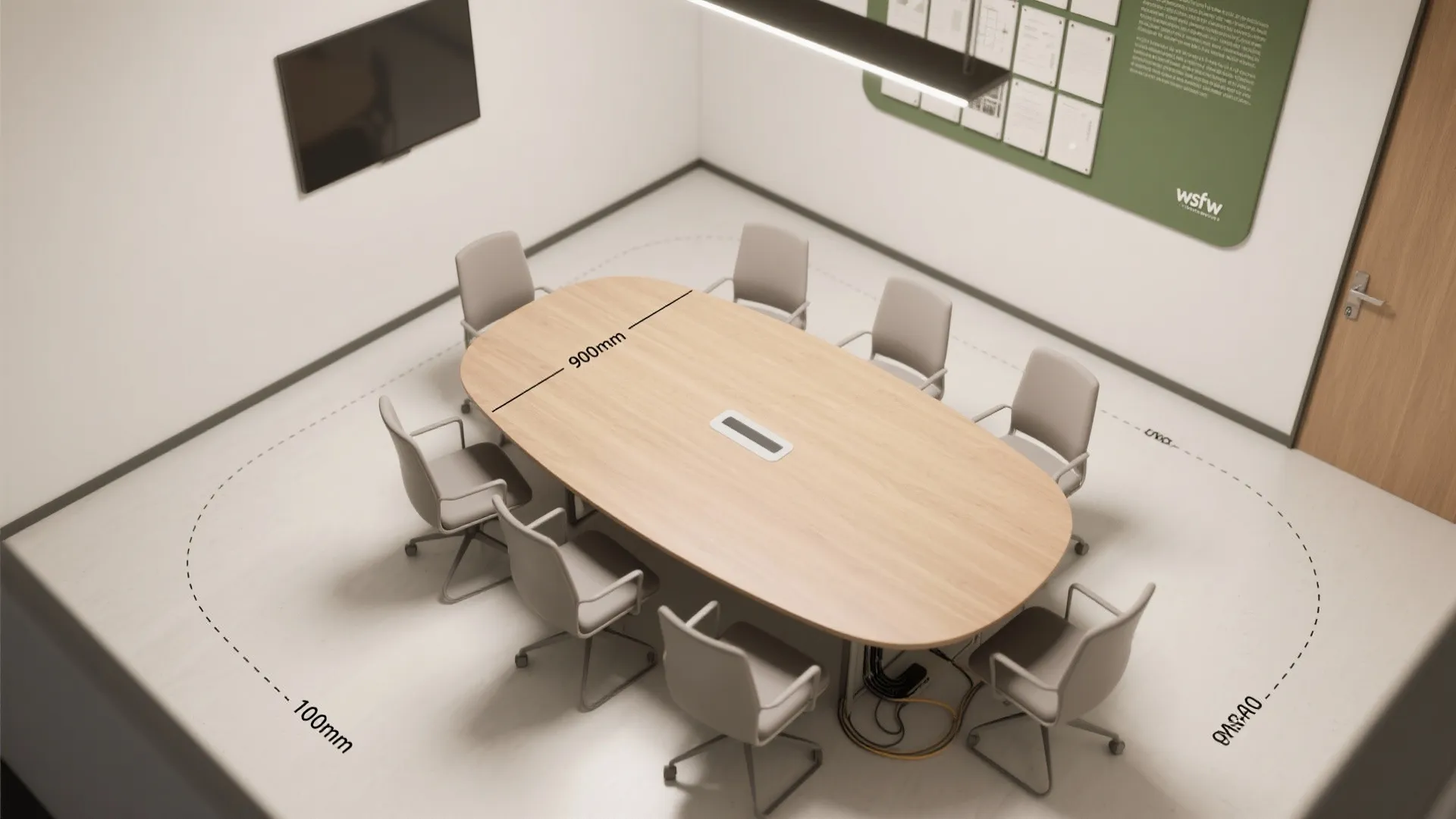 Top view interior design drawing of oval wooden meeting table with grey chairs and measurement marks