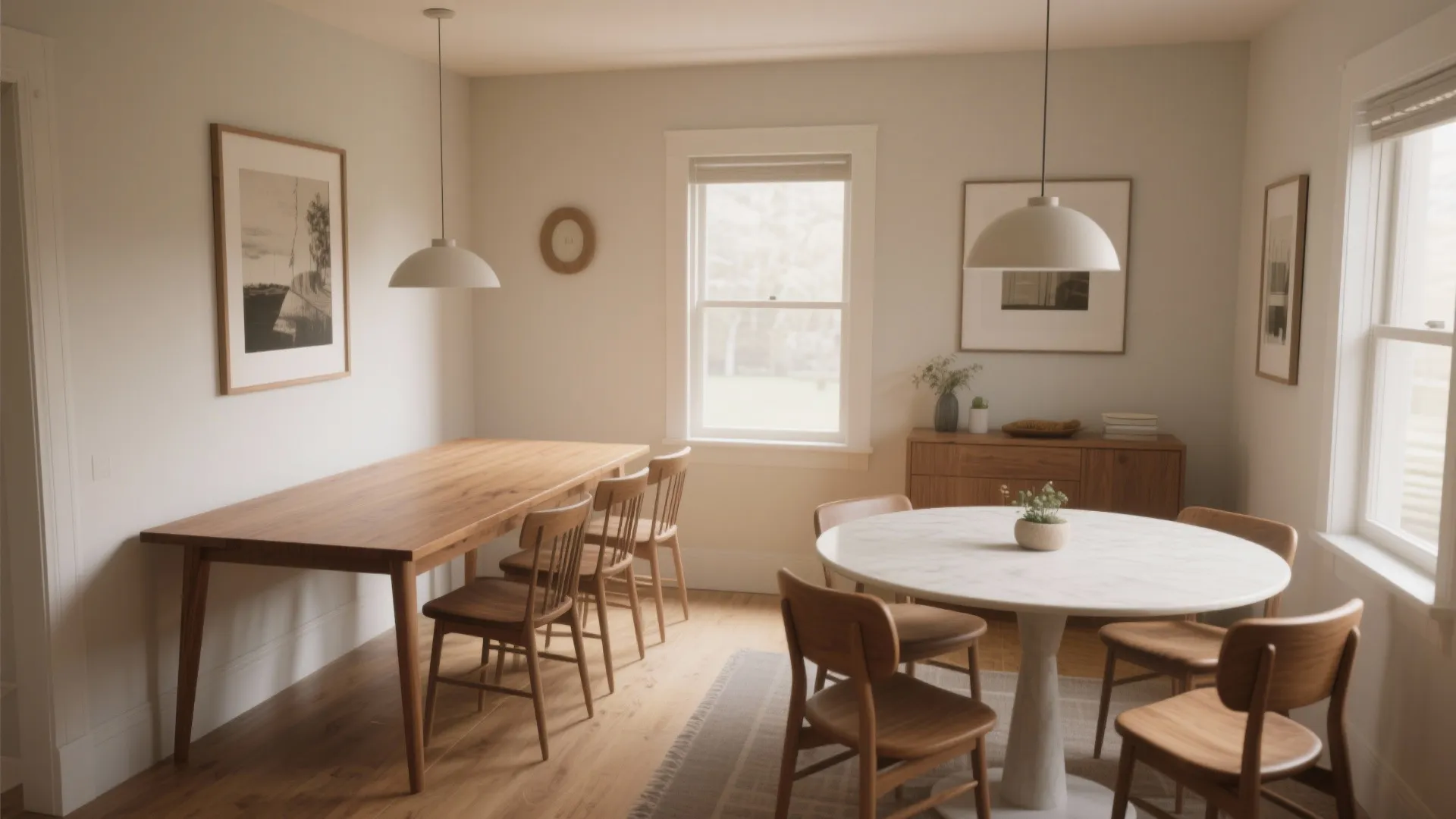 Modern dining room featuring long wooden rectangular table and a round white marble dining table