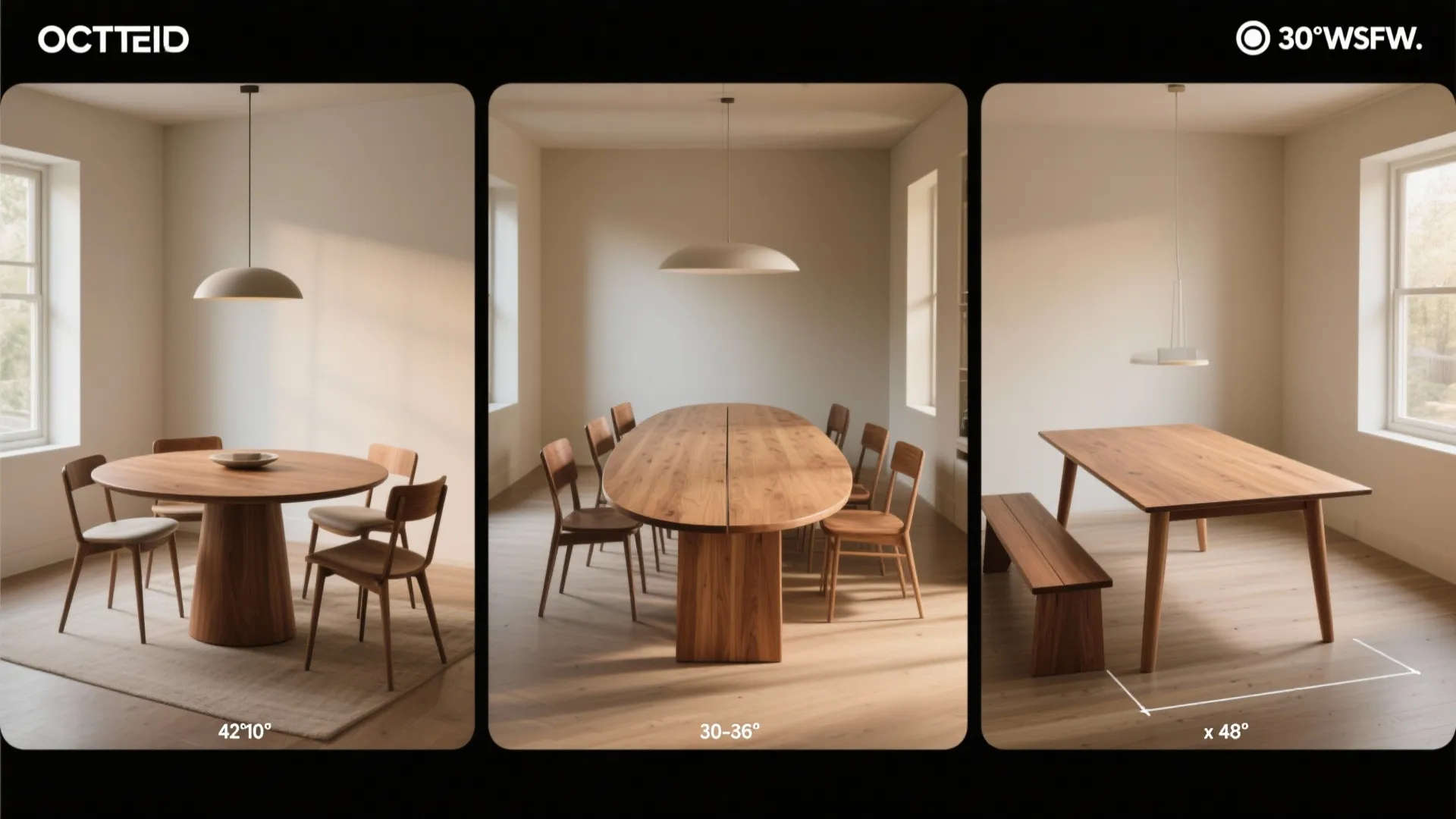 Interior design drawing showing three different dining table shapes including round oval and rectangular styles