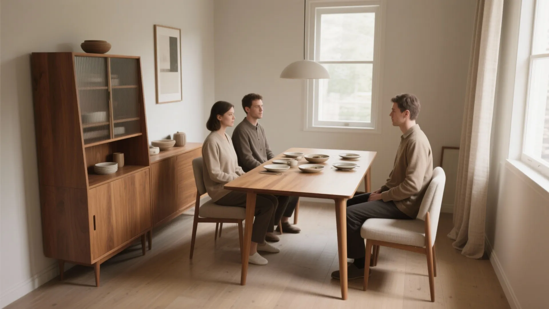 Three people sitting at a wooden dining table next to a large cabinet and window