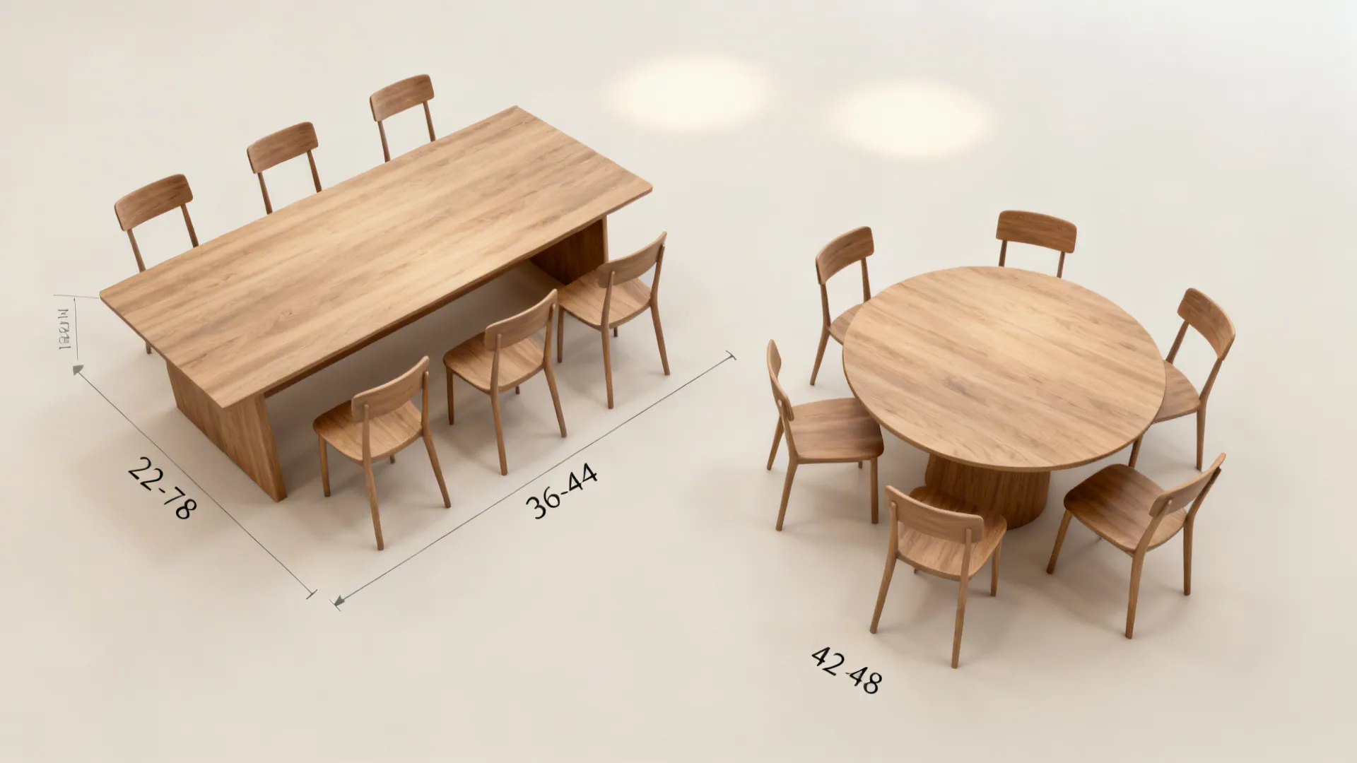 Top-down guide showing rectangle and round tables with six chairs and generous clearances.