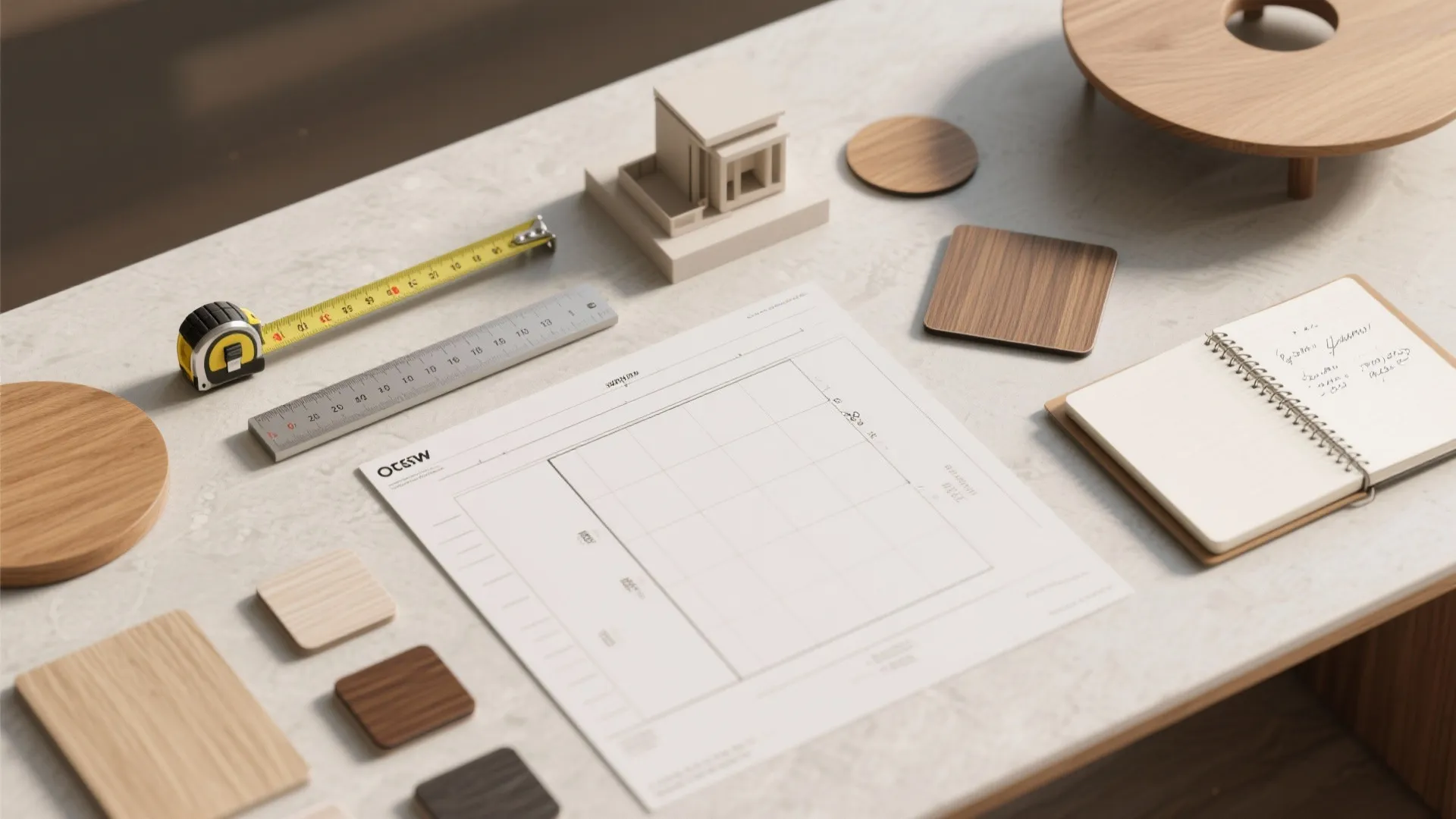 Architect desk with tape measure ruler wood samples small house model notebook and floor plan drawing