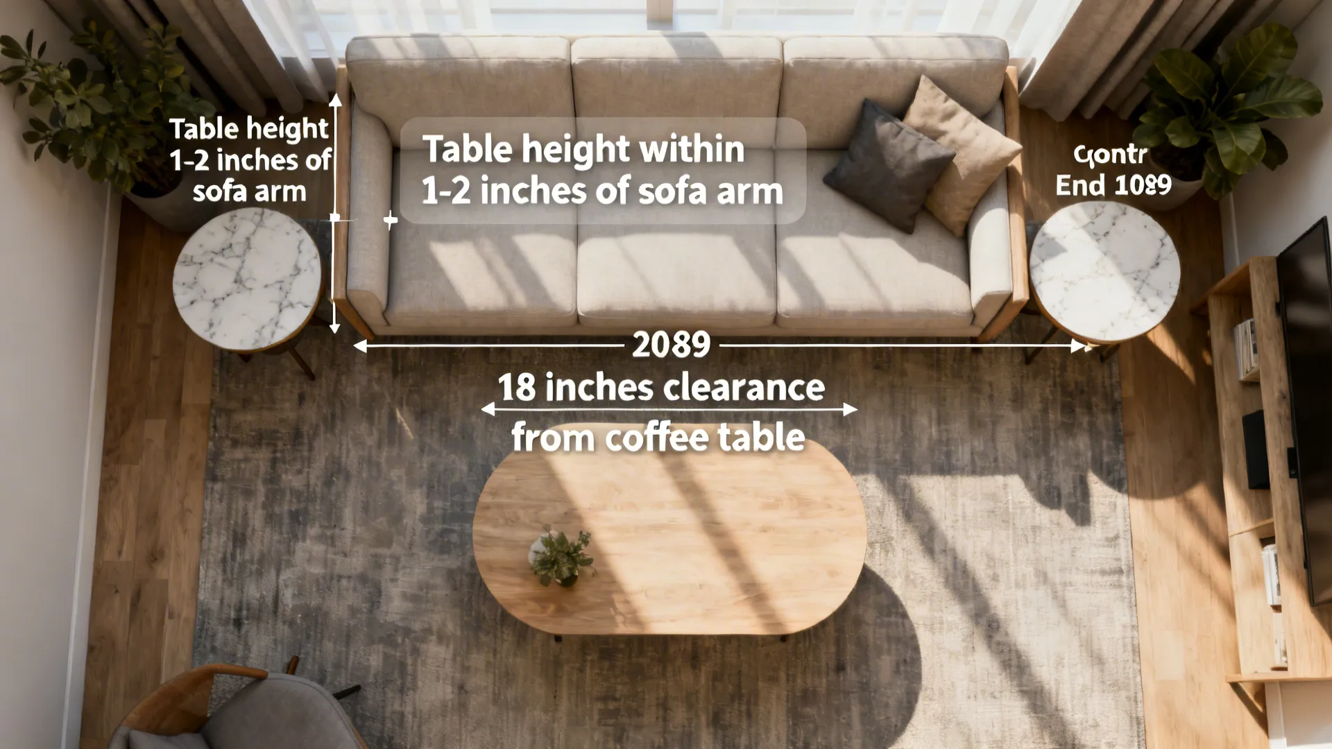 Top-down layout illustrating sizing and clearance rules for round end tables in a small living room.