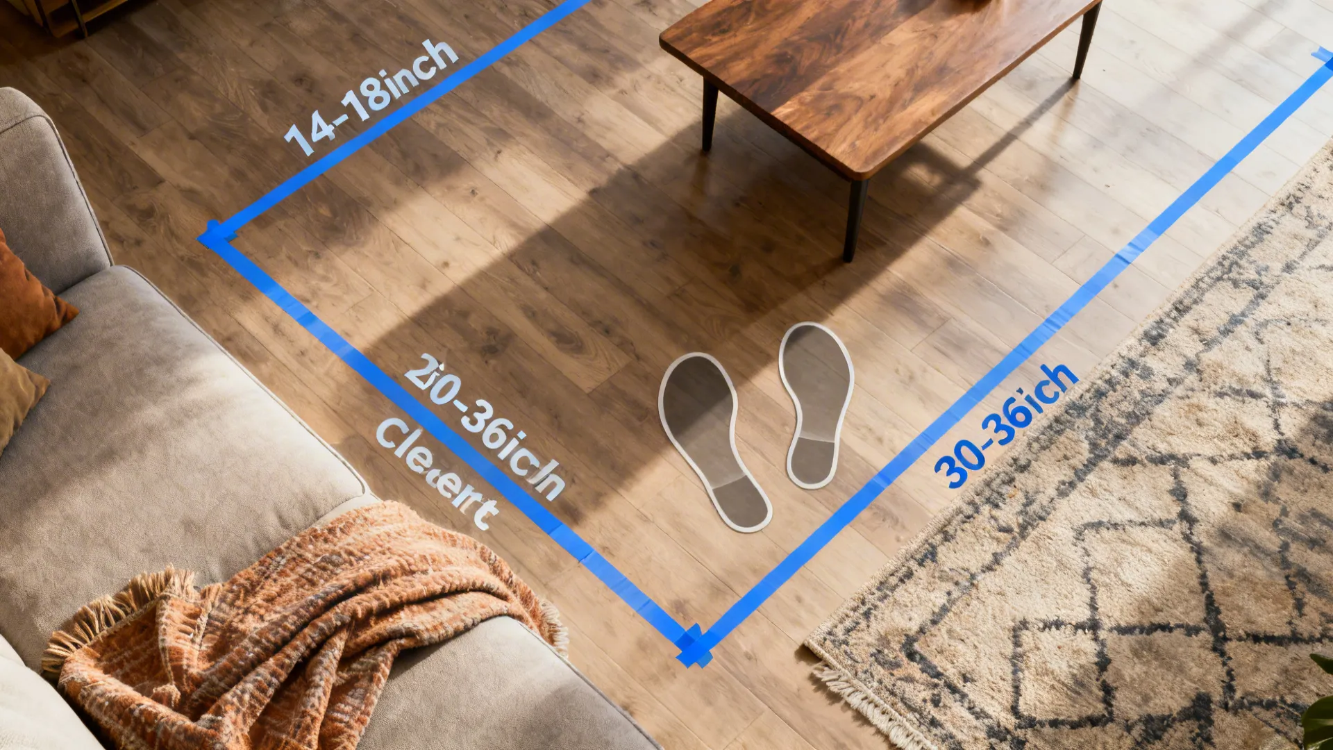 Top-down view showing taped outlines for coffee table dimensions and clearance guidelines.