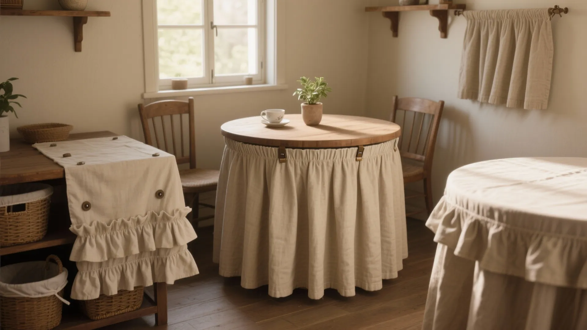 Cozy dining room featuring round wooden table with ruffled beige fabric cover and matching chairs