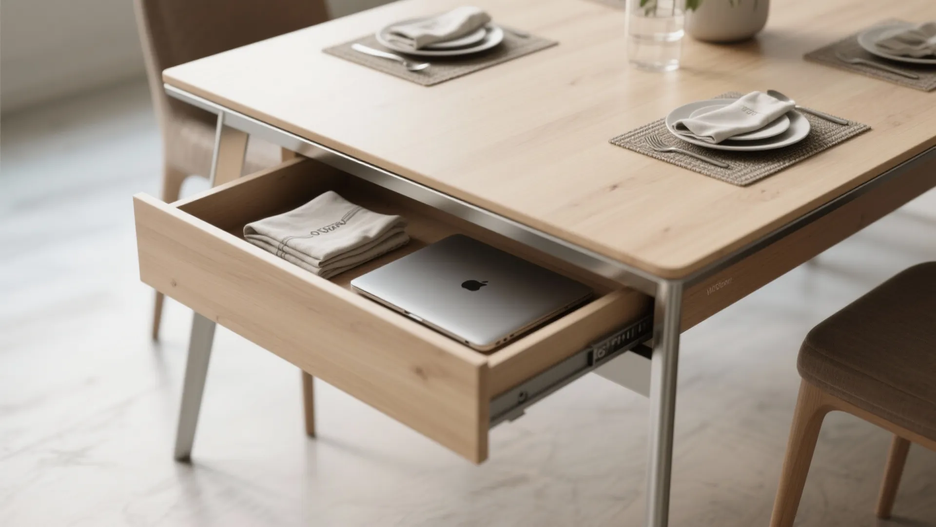 Wooden dining table featuring an open drawer with a laptop and folded napkins inside it
