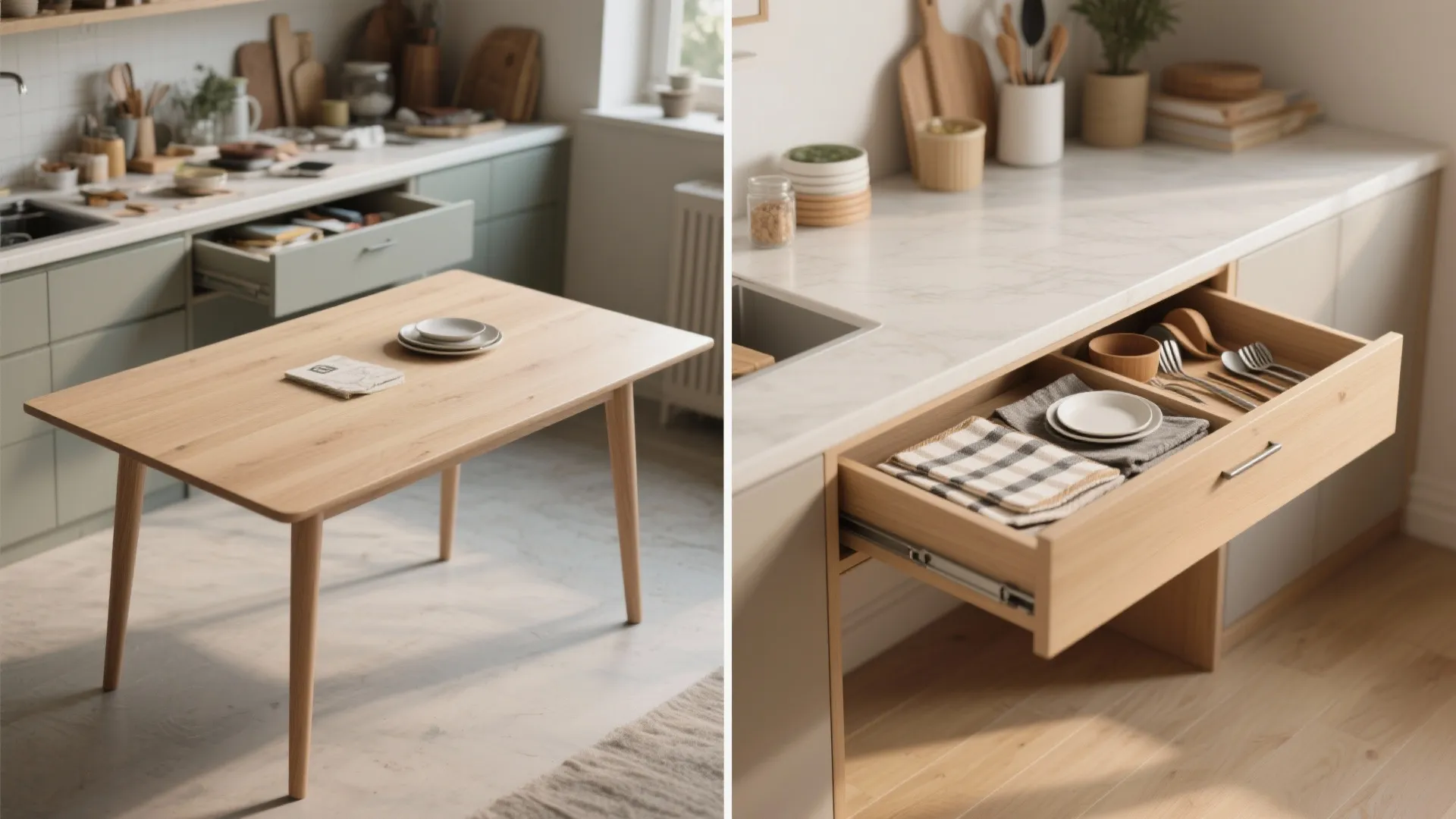 Before and after view of a narrow table with a long shallow drawer storing placemats and reducing counter clutter.
