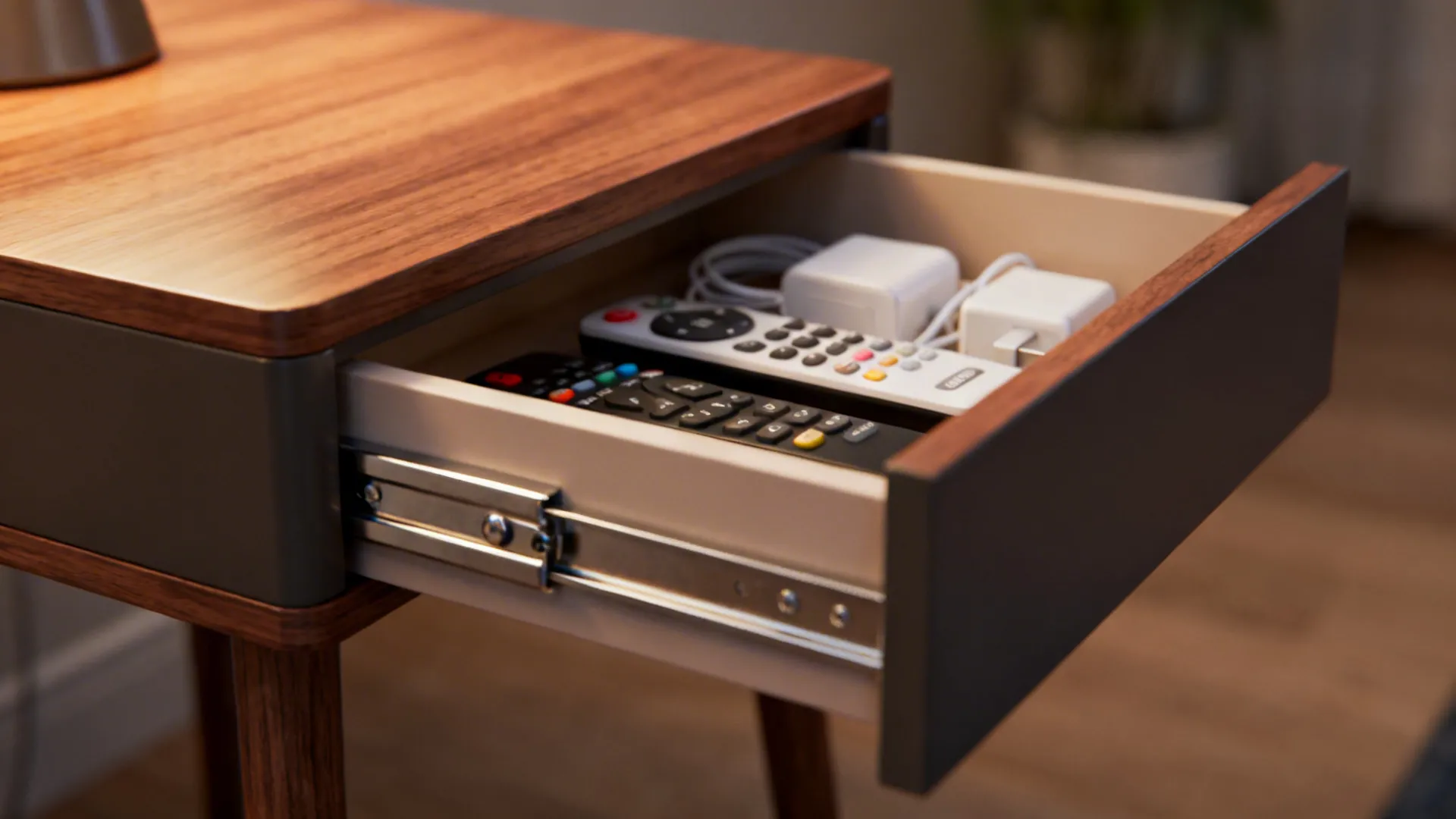 Close-up of a side table drawer storing remotes and chargers with quality glide
