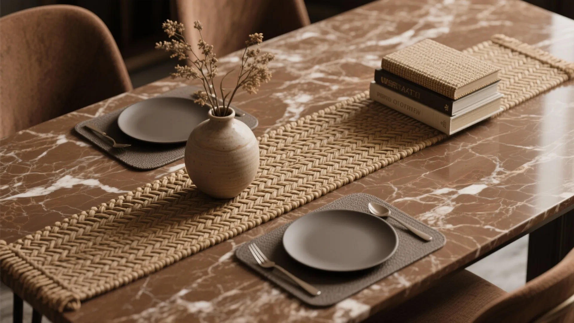 Dining table setting with brown marble surface woven runner ceramic vase small plates and stack books