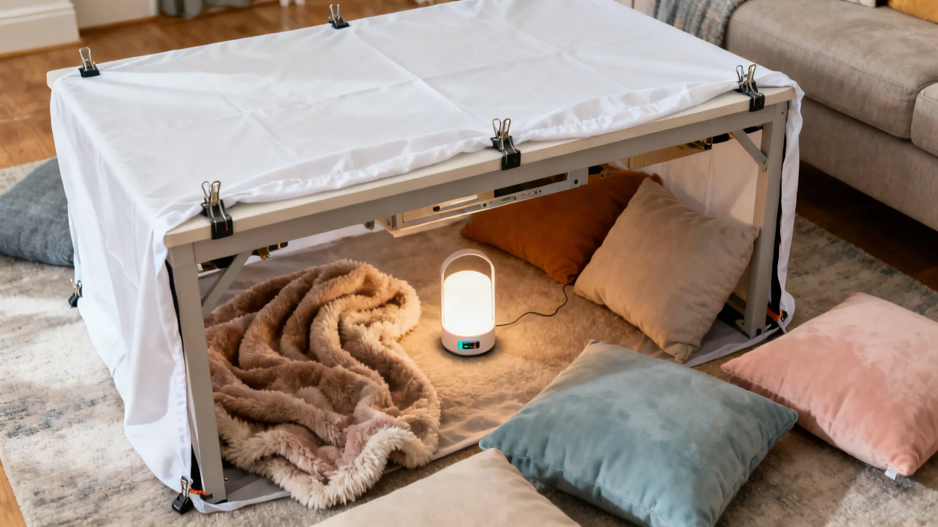 Cozy table tent with white cloth cover fuzzy blanket portable light and colorful soft pillows