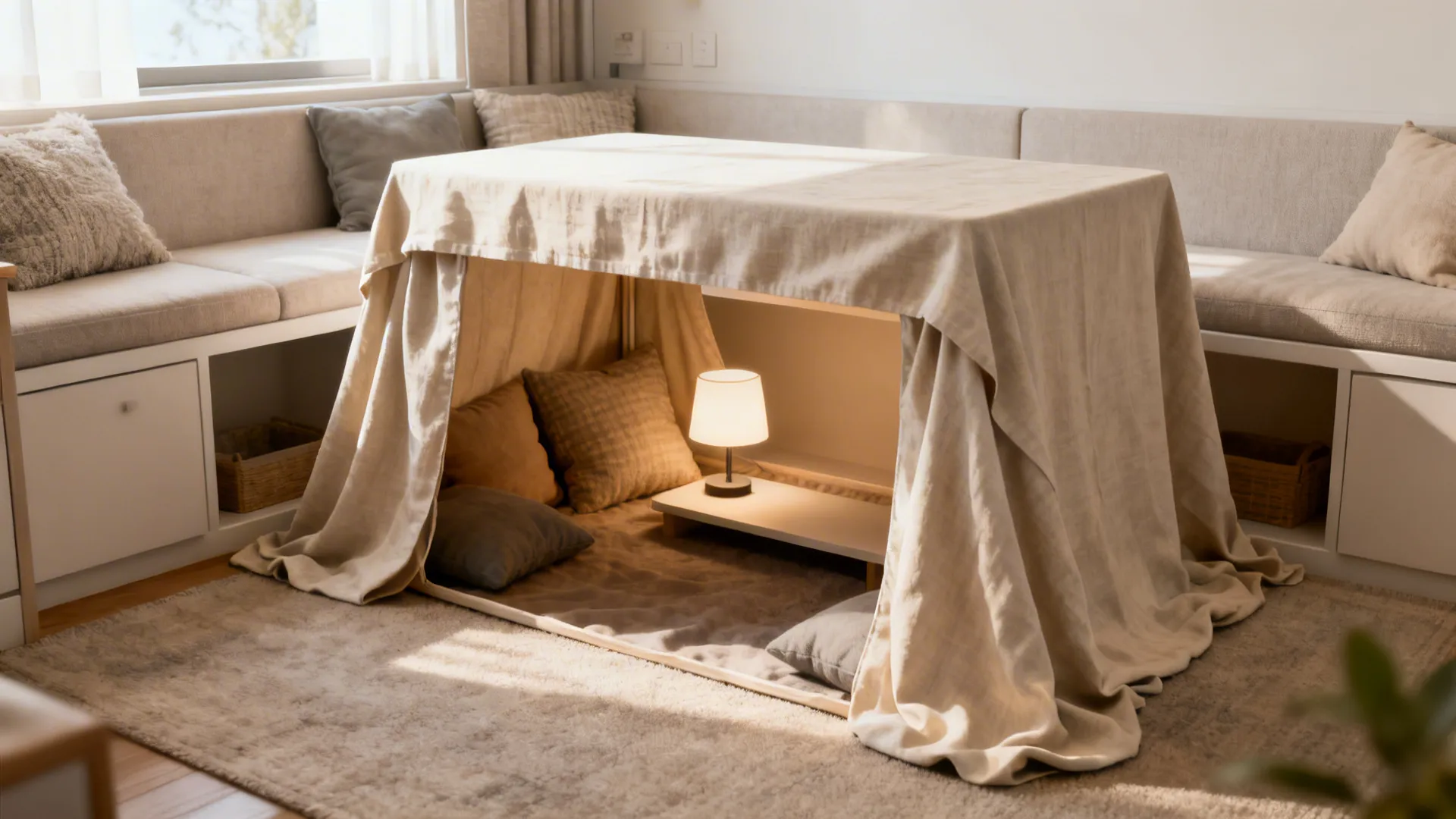 Compact table-tent fort made by draping a tablecloth over a coffee table with cushions and a low lamp inside.