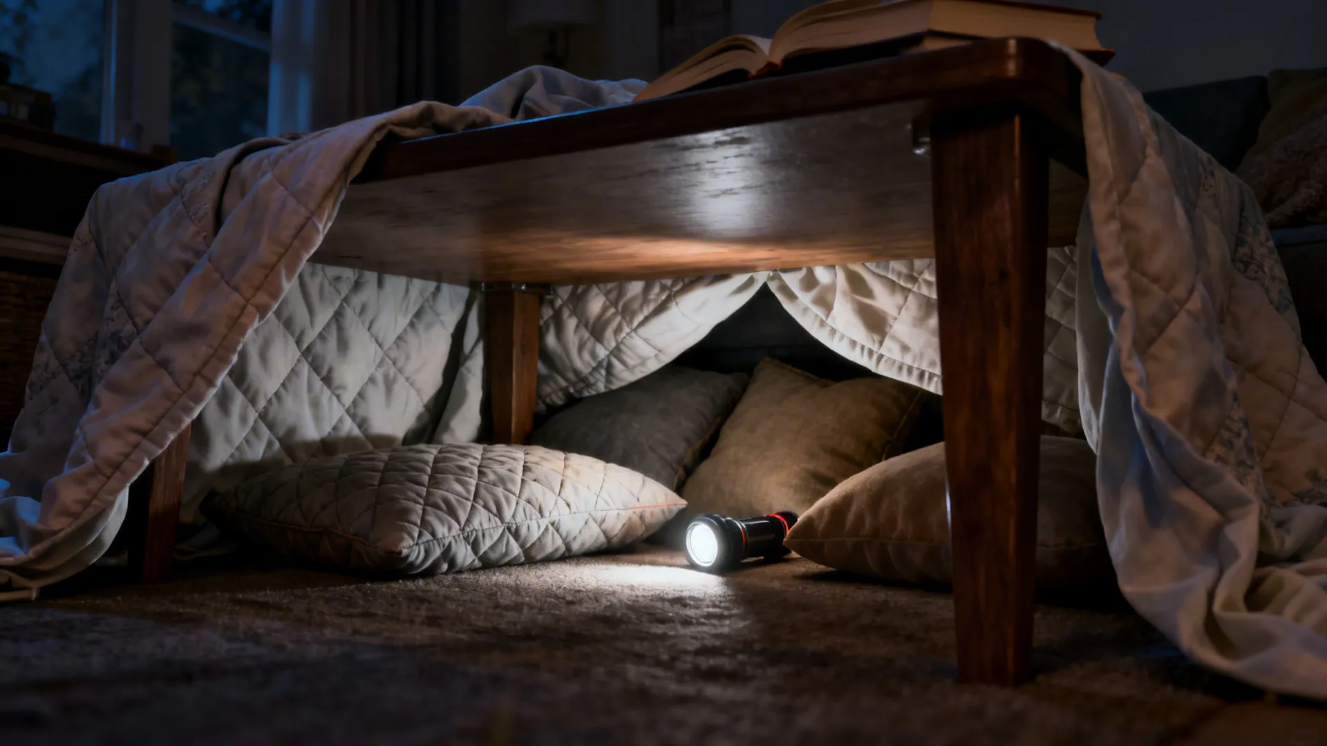 A cozy table-tent fort with quilts hanging under a coffee table and cushions inside.