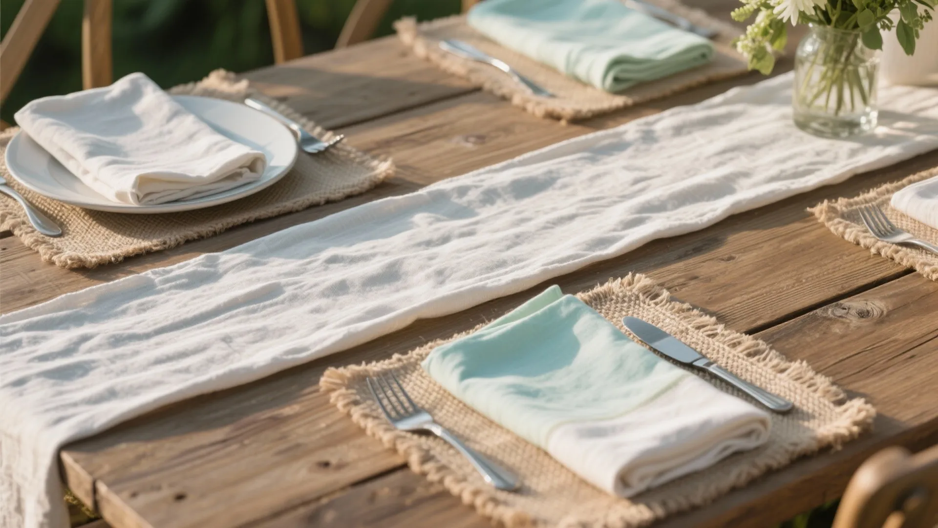 Wooden outdoor dining table set with white runner burlap placemats green napkins and silver forks