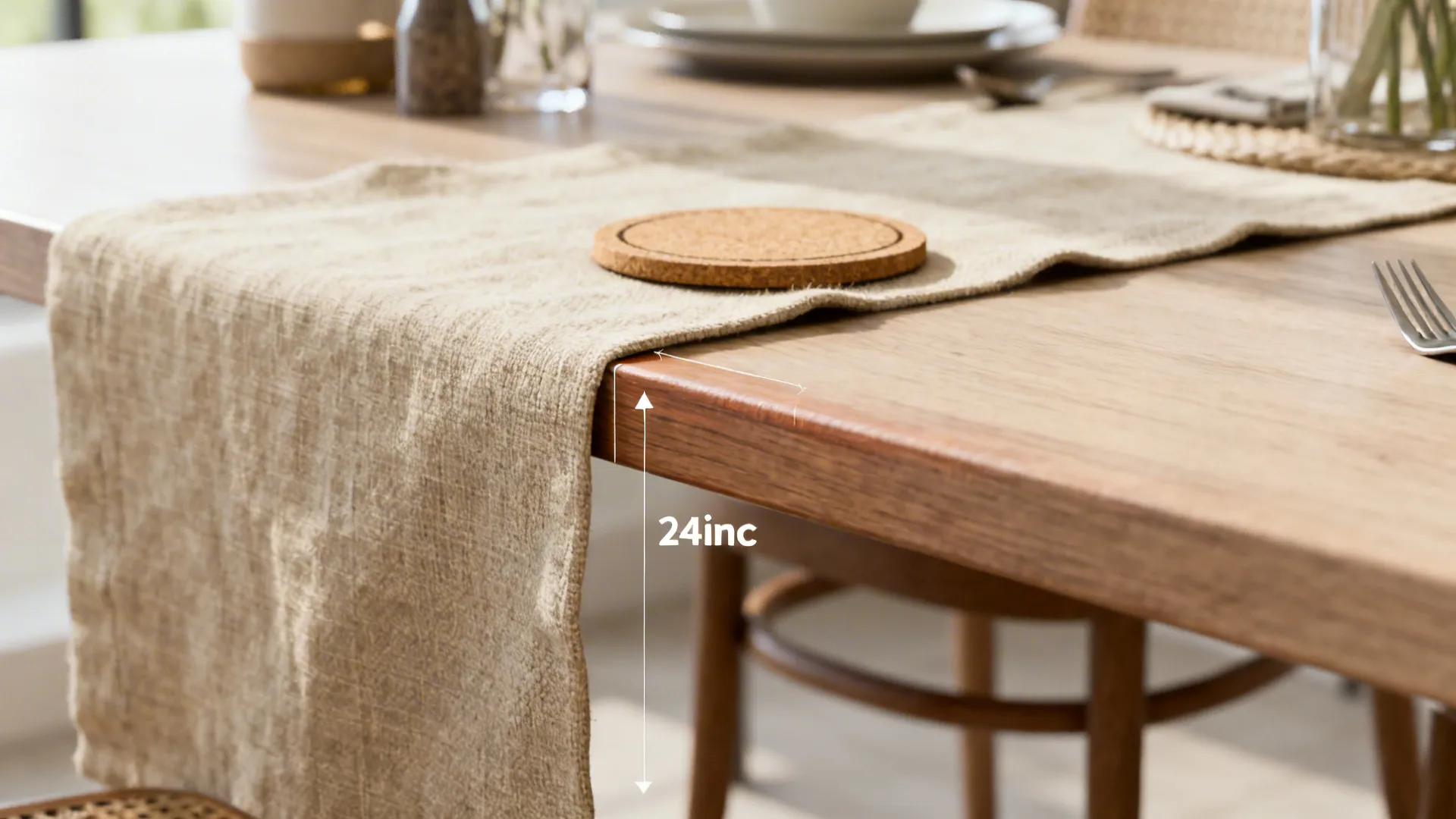 Detail of coaster, linen runner, and protective finish demonstrating practical tabletop protection.