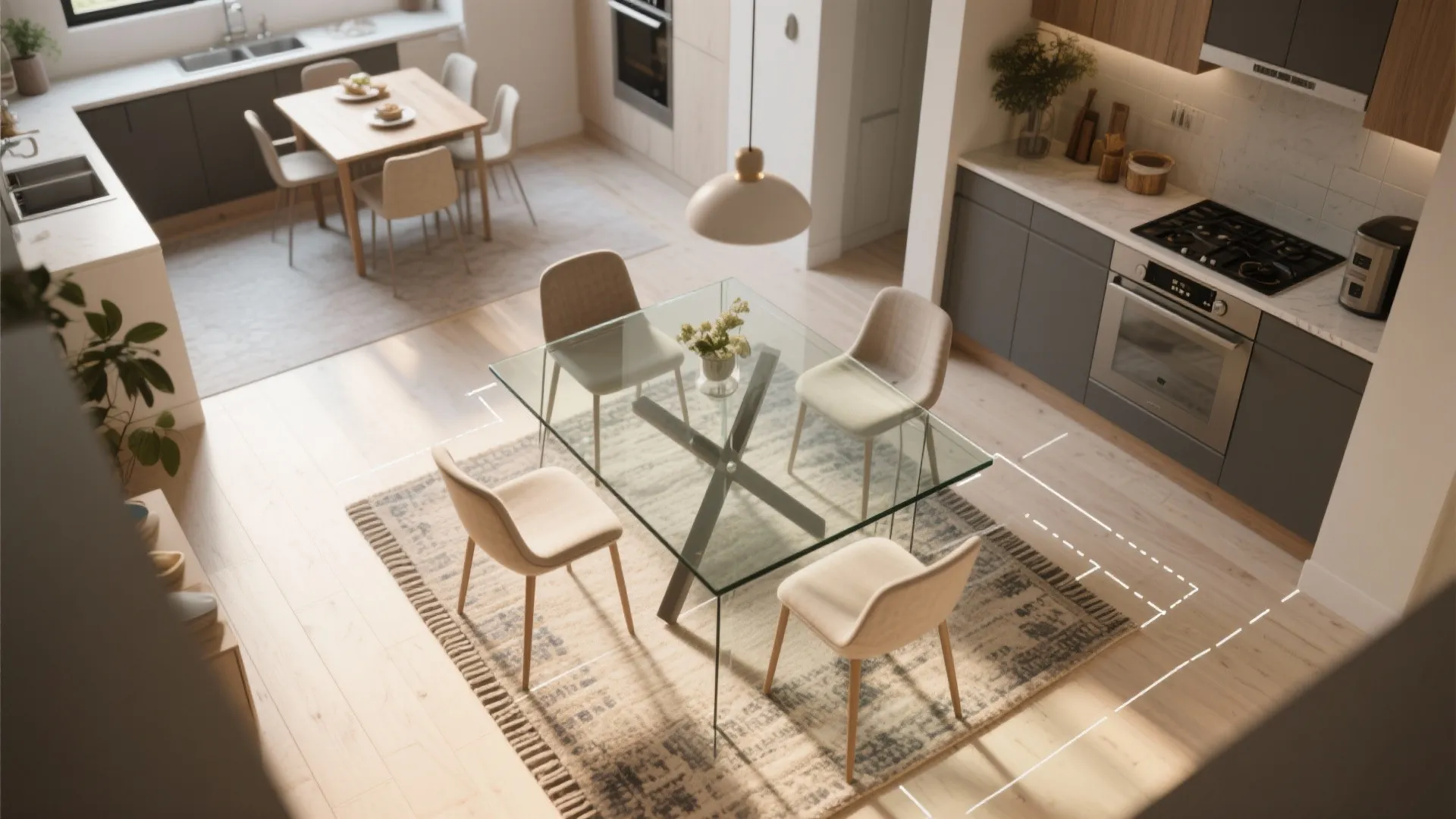 Modern kitchen and dining area with glass table four chairs rug oven and wood cabinets