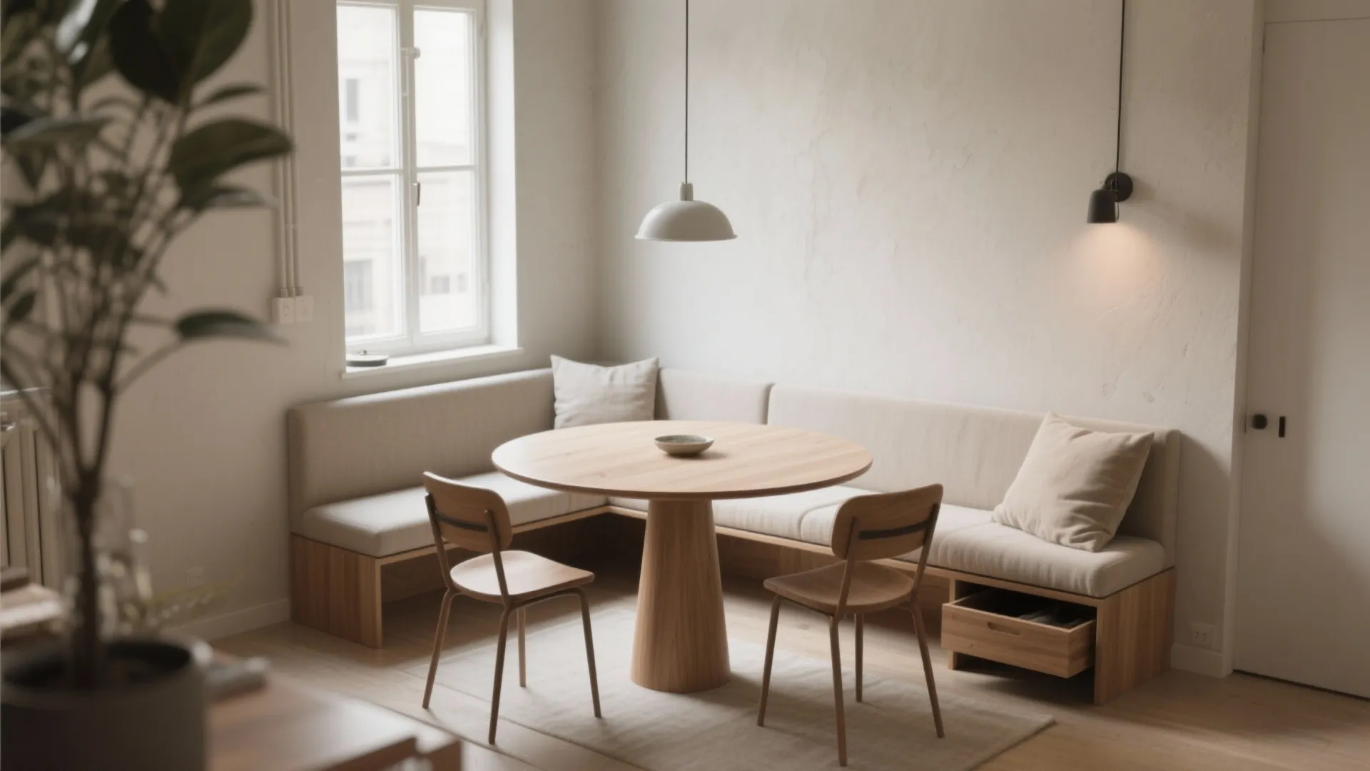 2. Mix a Small Round Table with a Bench