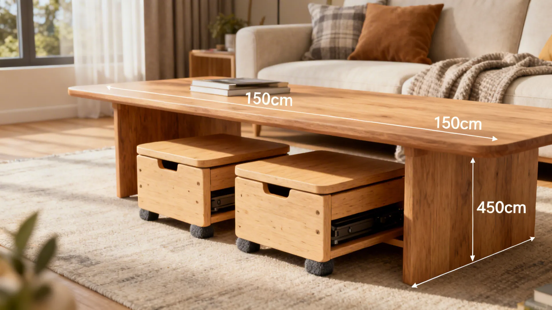 2. Pair a wide end table with nested stools for flexible seating