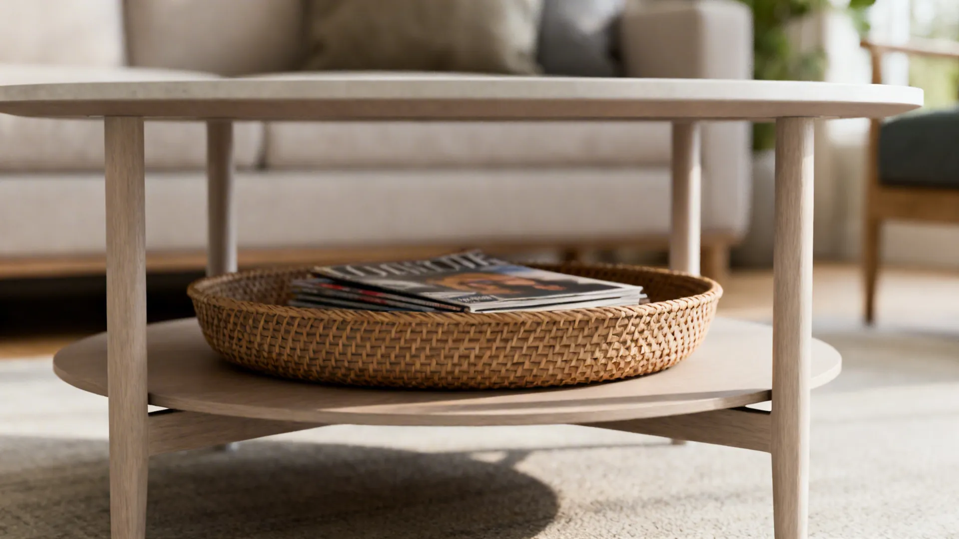 Round wooden coffee table with shelf holding a woven tray and magazines in a living room