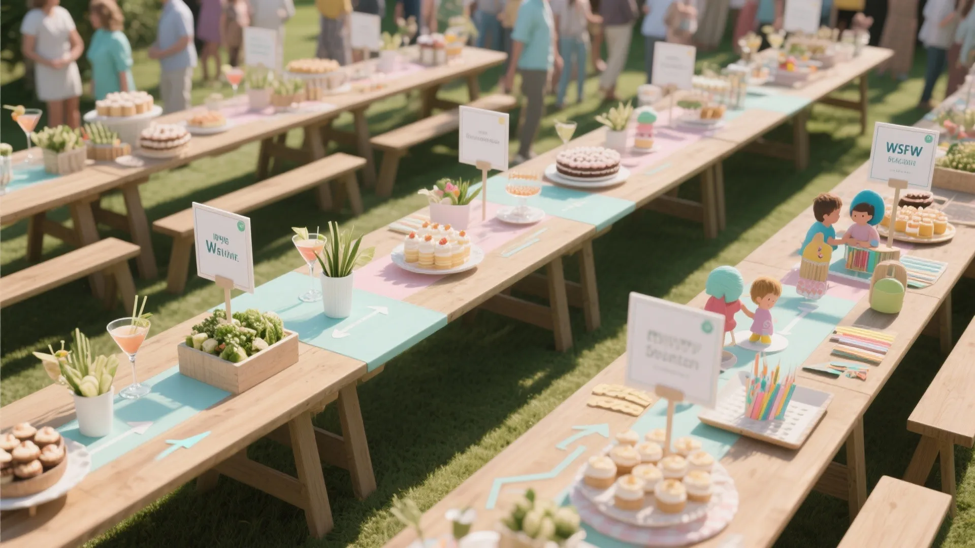 Long outdoor wooden tables with colorful runners cakes drinks and small signs for a garden party