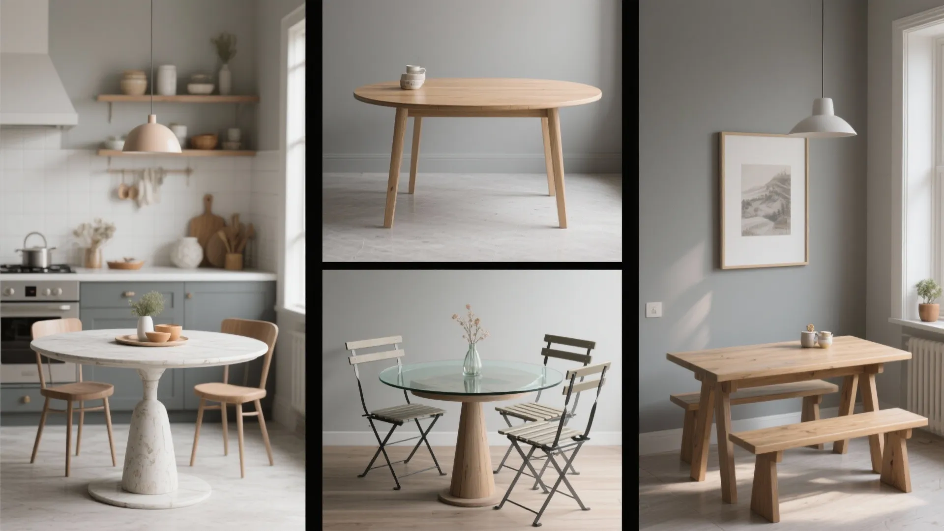 Gallery montage of grey kitchen table options: round, extendable, glass, bench and drop-leaf