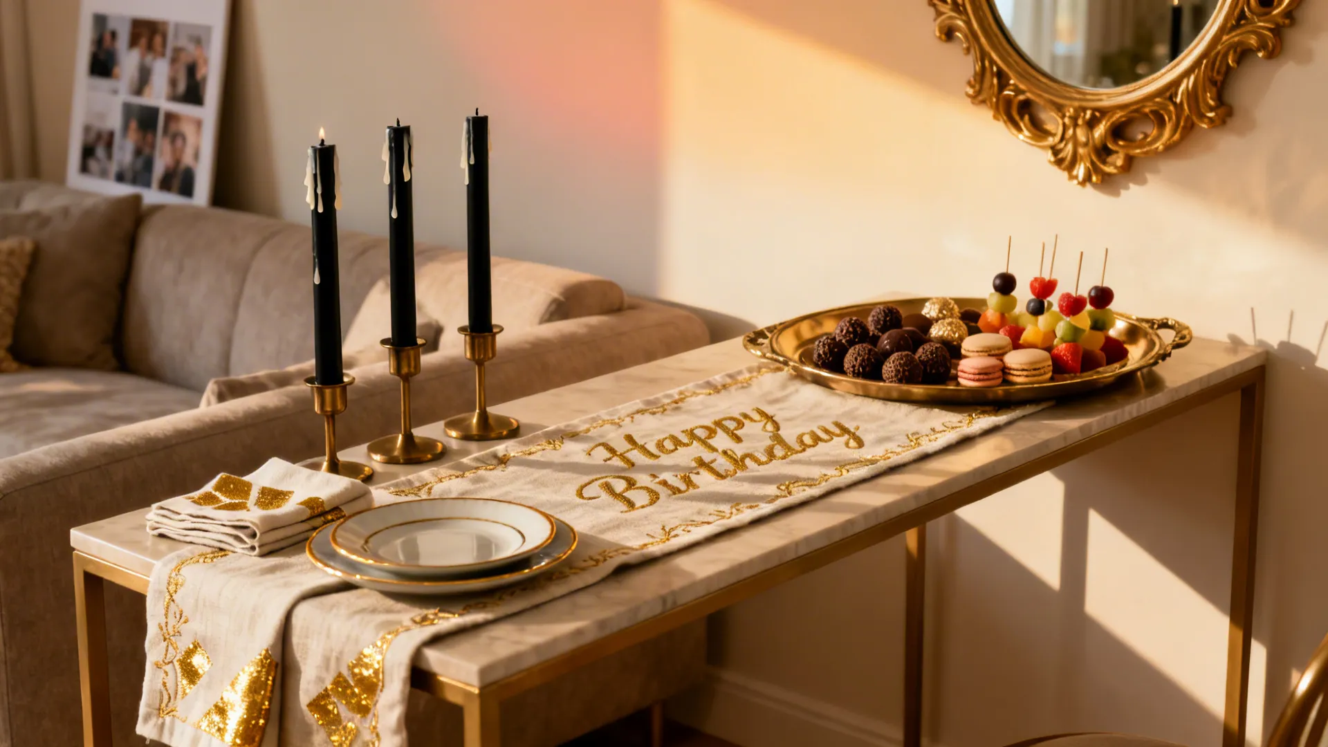 Chic living room tablescape with black candles, brass tray, and linen runner.