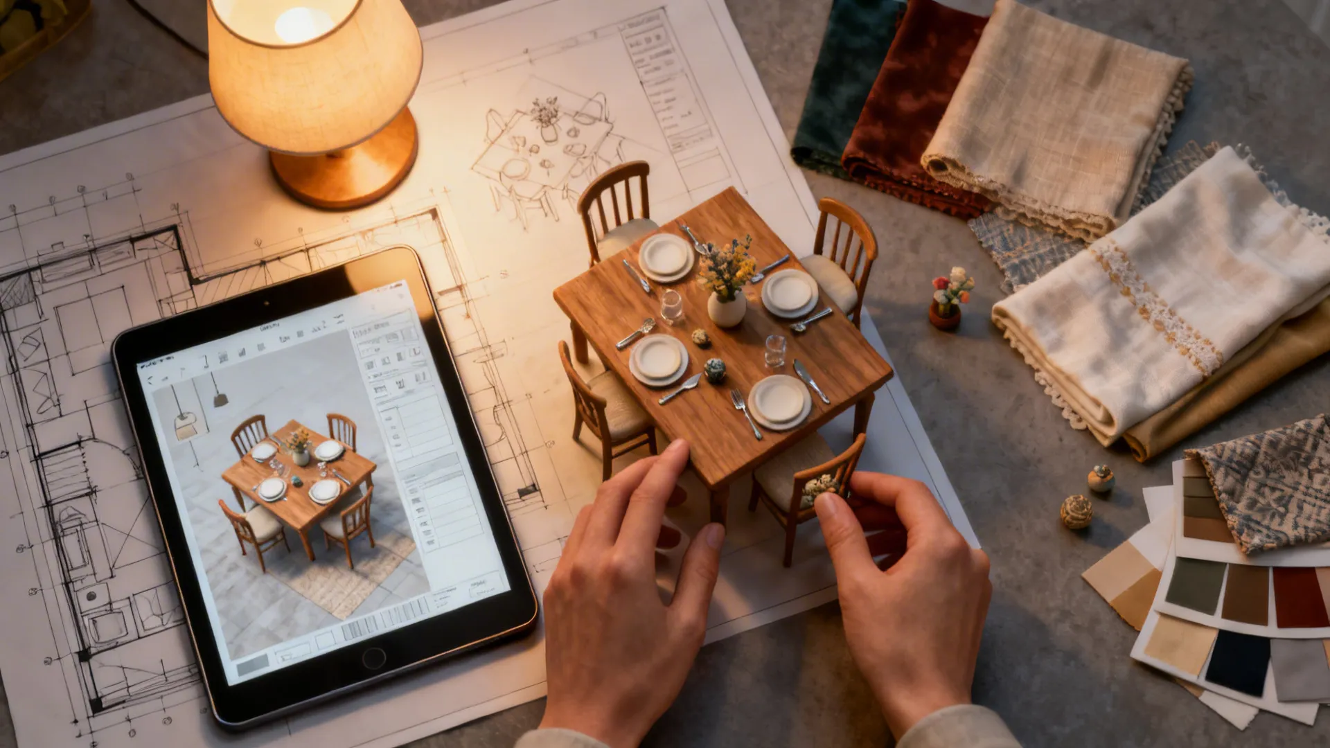 Hands placing a miniature dining table on interior design drawings near a tablet and colorful swatches