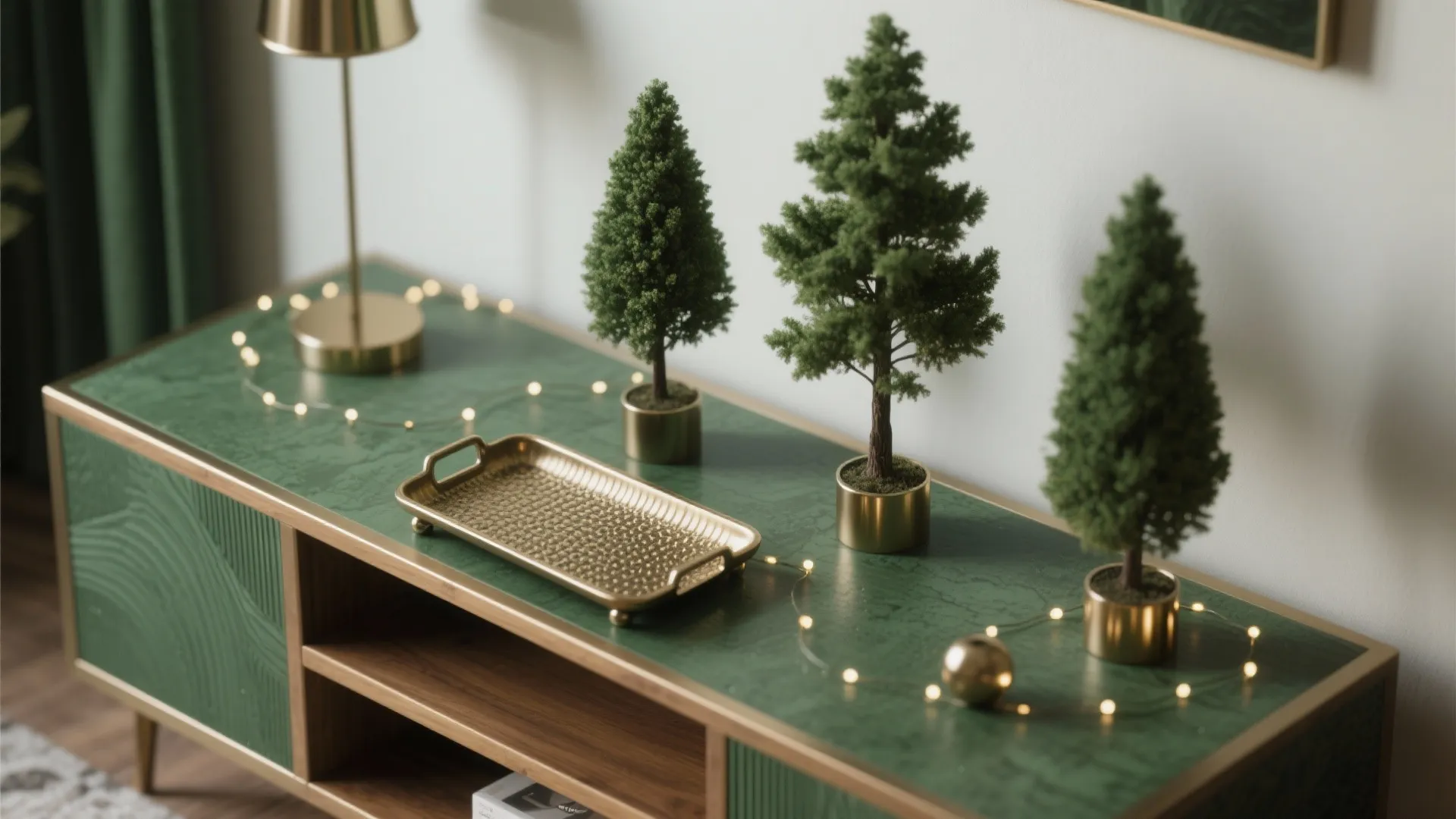 Green cabinet surface with three small pine trees a gold tray and string of lights
