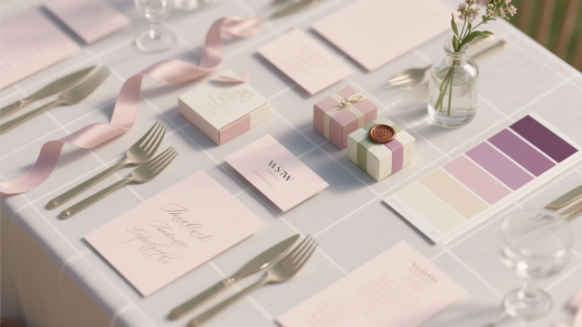 Table setting with pink paper cards small gift boxes gold forks and purple color palette cards