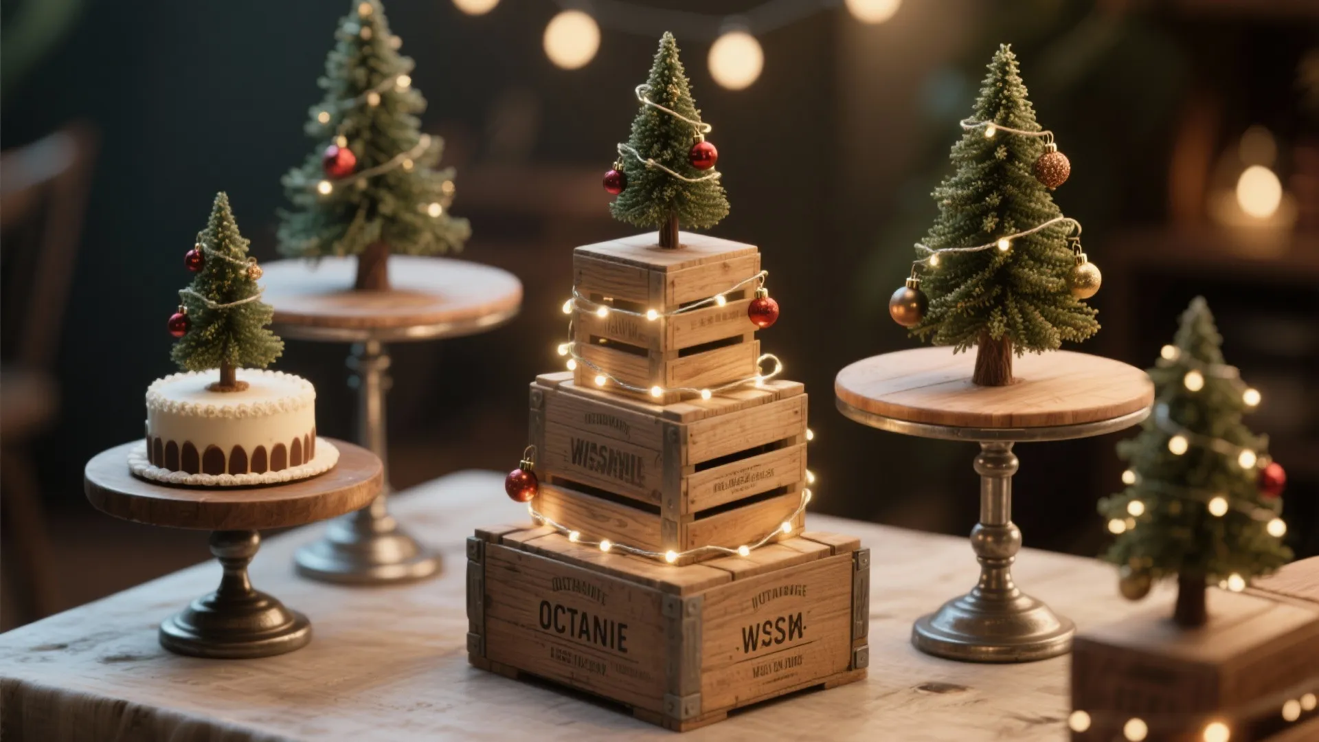 Small decorated trees on wooden crates and stands with warm light bulbs on a table