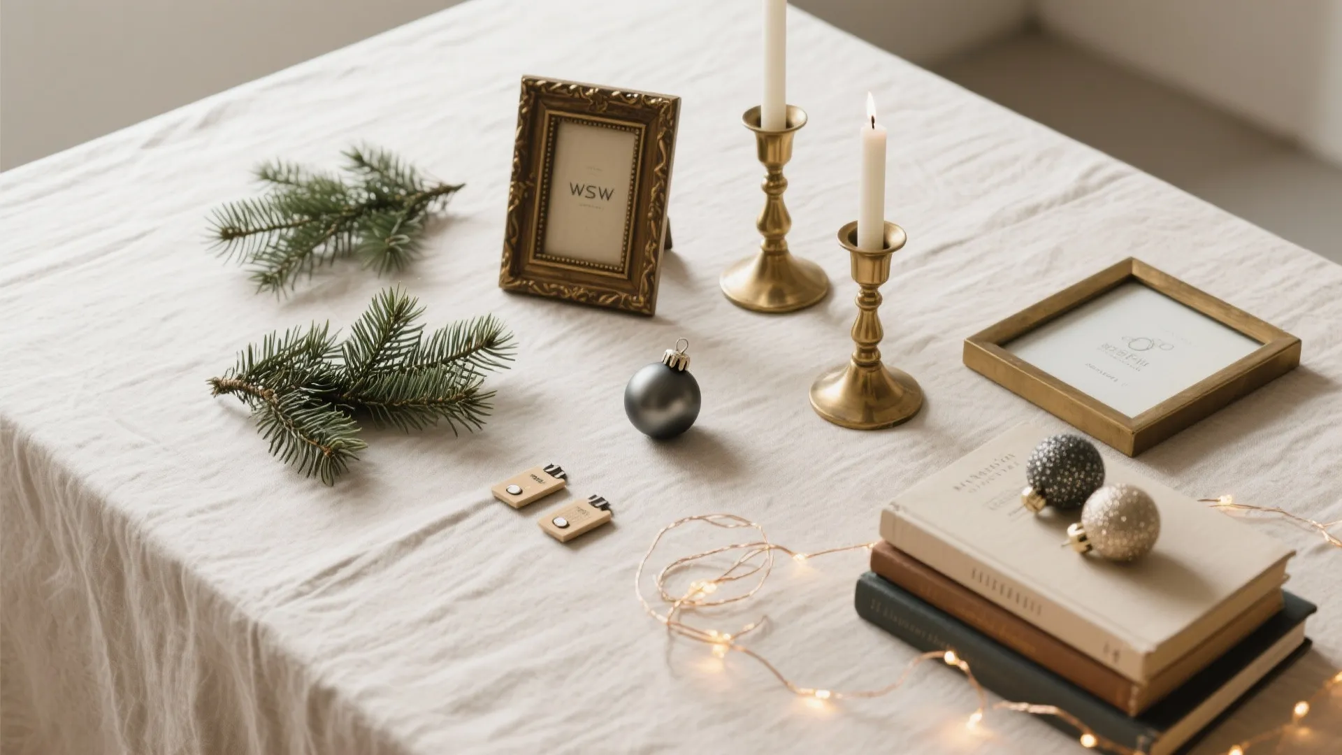 Table top with white cloth holding photo frames candles green pine branches and holiday ball decorations