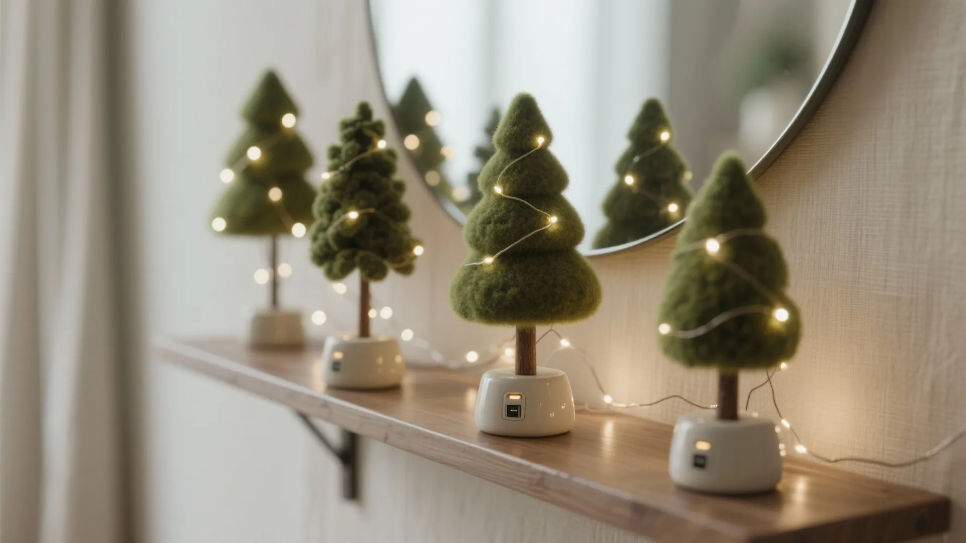 Four small decorative green felt trees with fairy lights placed on a wooden wall shelf