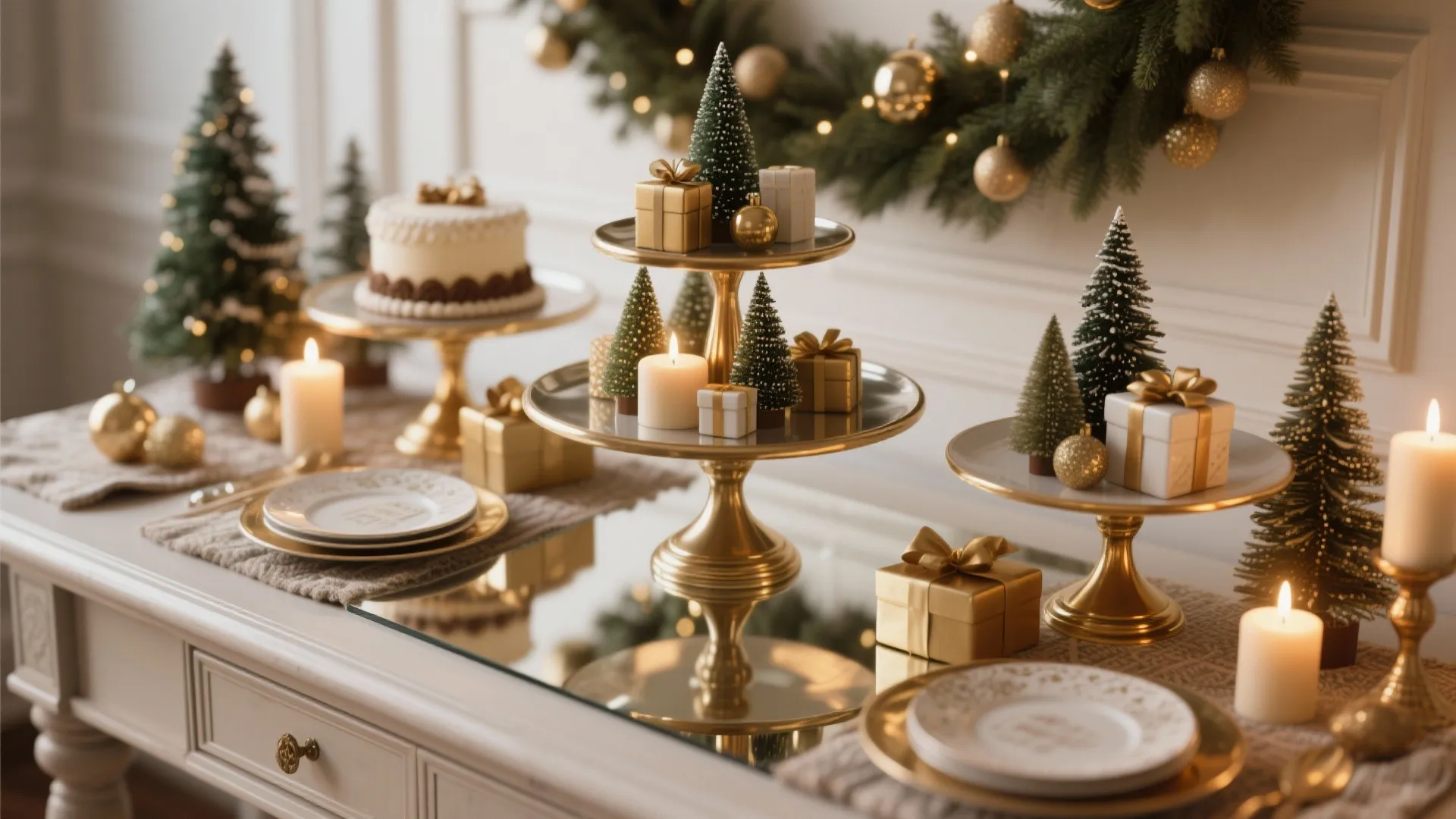 Tiered tabletop display with stacked stands, mini faux trees, candles and mirrored plates creating a compact festive centerpiece.