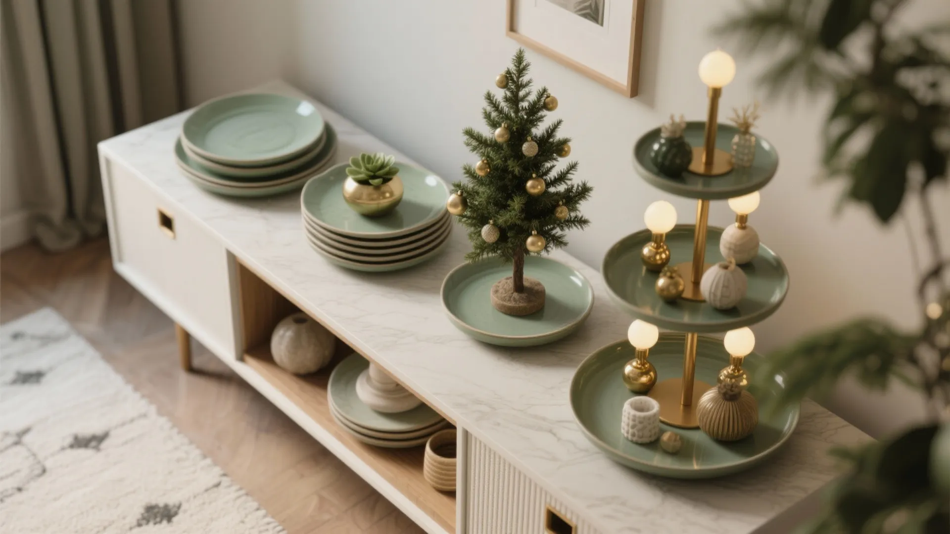 Small green holiday tree on marble cabinet with stacked plates and elegant tiered serving tray