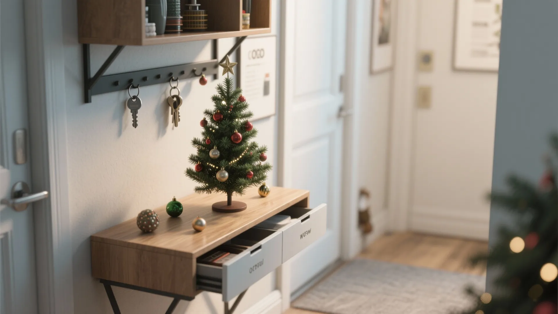 Small tabletop Christmas tree on a foldout console in a compact apartment entryway, styled with everyday items.