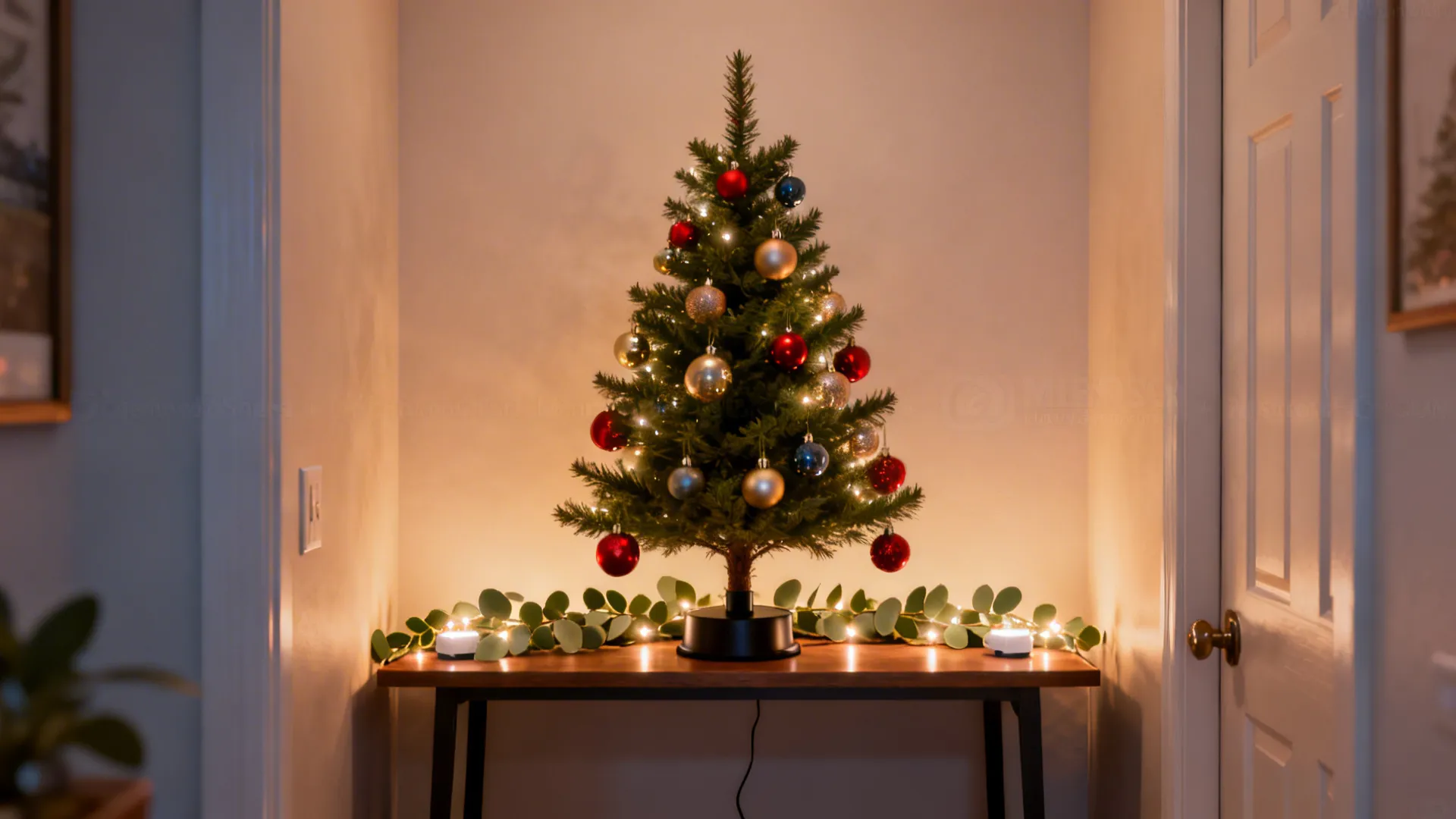 Three-foot tabletop tree on a console with eucalyptus runner and battery LED lights in a small apartment.