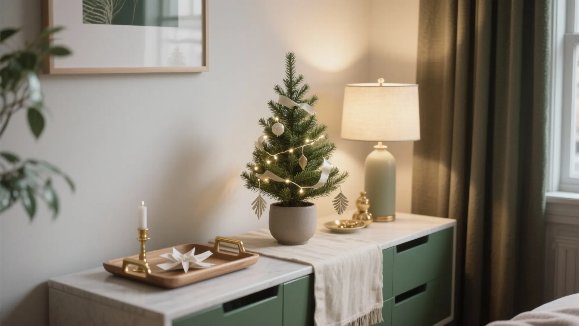 Small Christmas tree with lights on green cabinet alongside table lamp candle and wooden tray