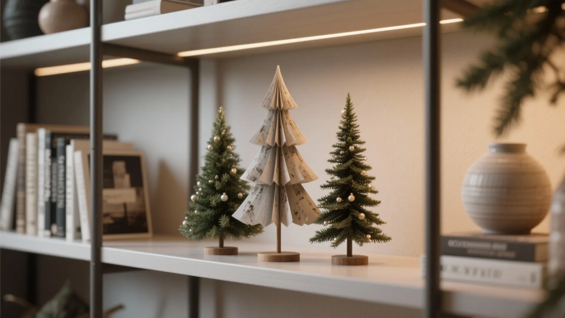 Cluster of tabletop trees on shelving