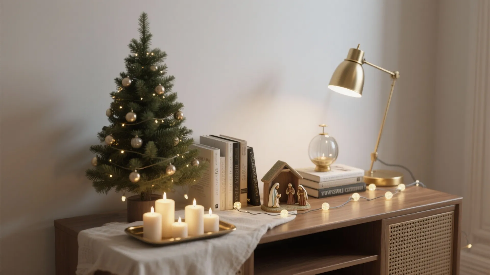 Small Christmas tree with lights and white candles on a wooden cabinet with a gold lamp