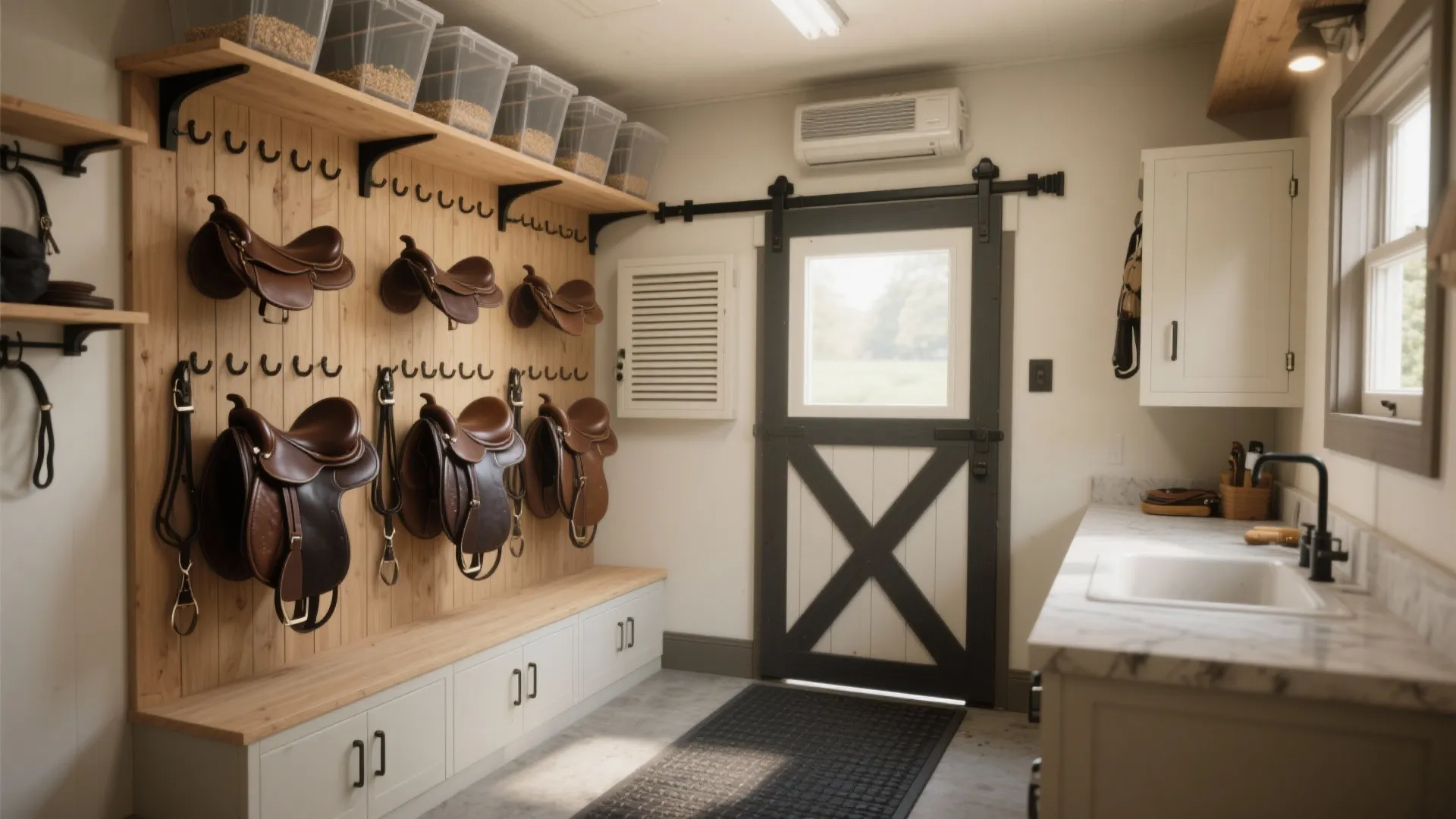 Equestrian room with leather saddles on wooden wall panels next to a black sliding door