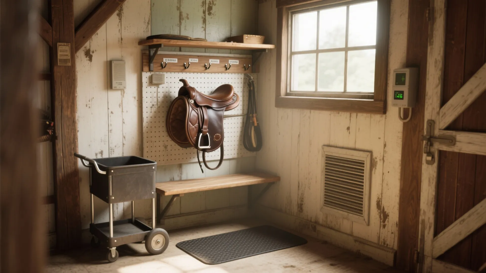 Rustic storage room with a leather saddle hanging on pegboard, wooden bench, and black cart