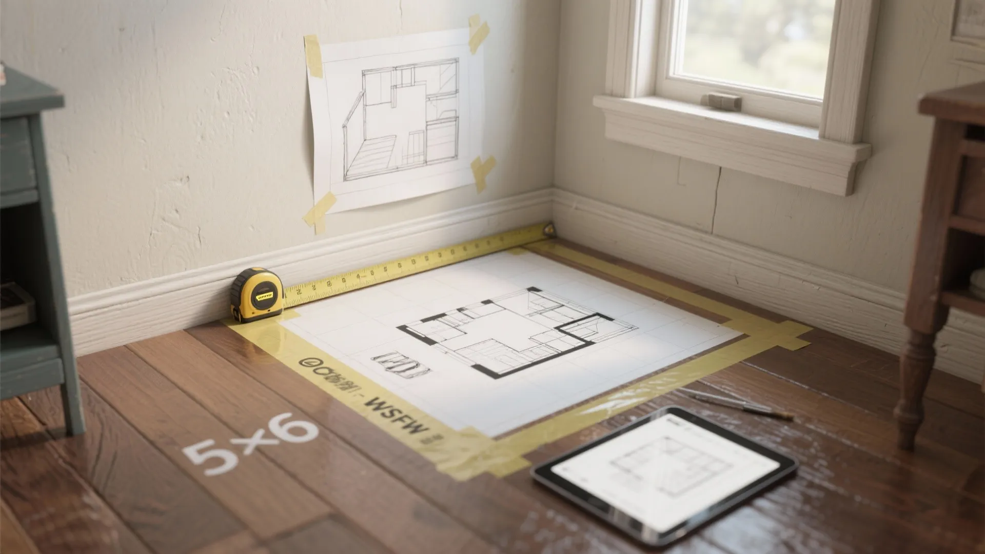 Interior design drawing of a room layout taped to wooden floor with a measuring tape