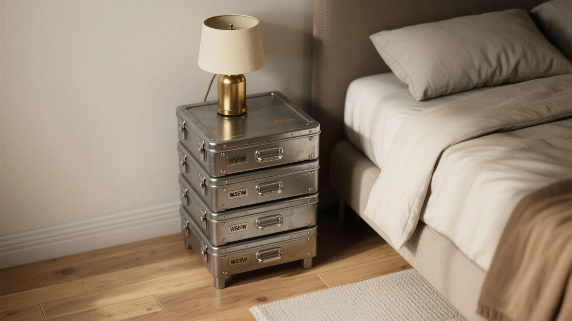 Stacked metal tackle boxes used as a nightstand with sample swatches showing finishes and linen proportions.