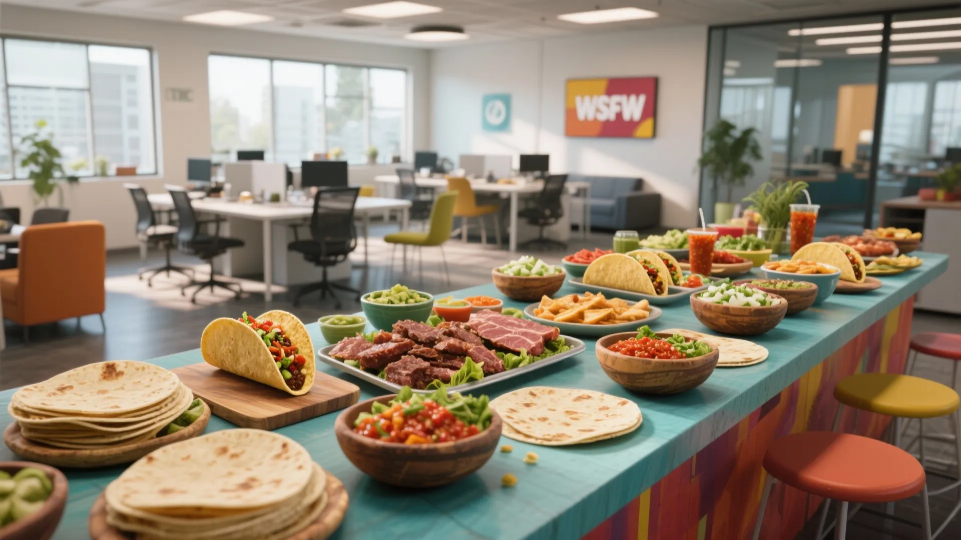 Office kitchen counter serving a taco bar with tortillas meat salsa and vegetables for employee lunch