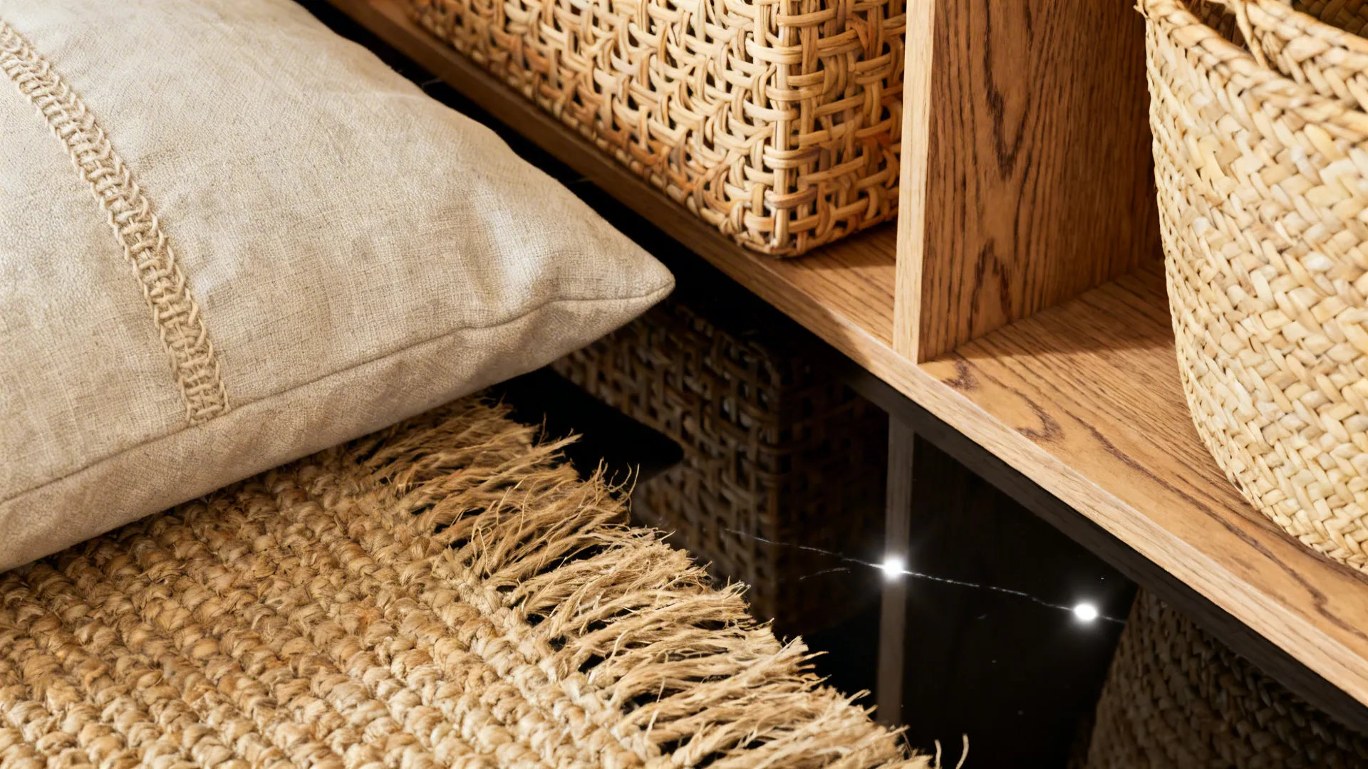 Close-up of rattan, linen and jute textures alongside oak and black metal shelving.